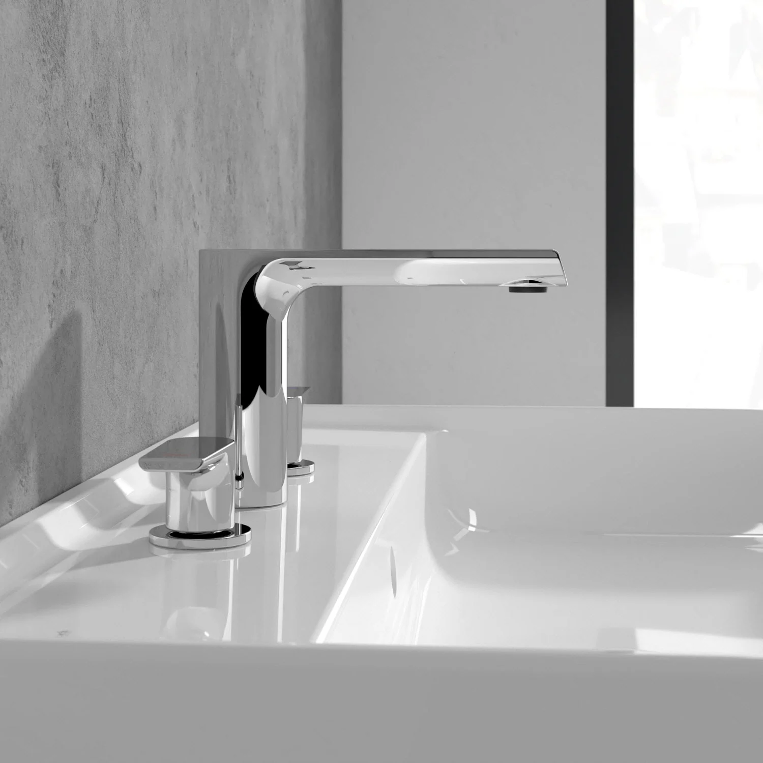 Widok z boku trójotworowego kranu, Villeroy & Boch