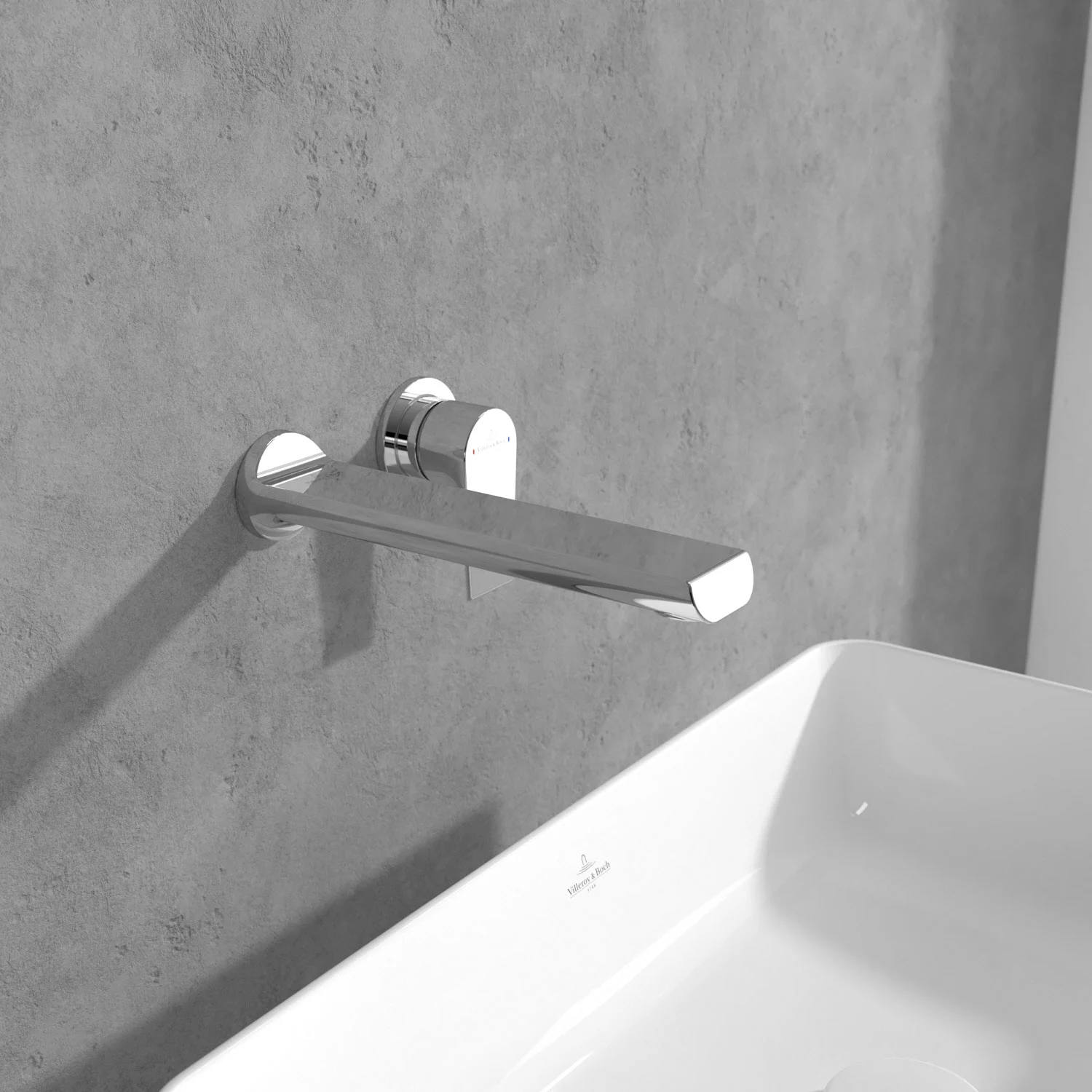Bateria ścienna nad białą umywalką, Villeroy & Boch