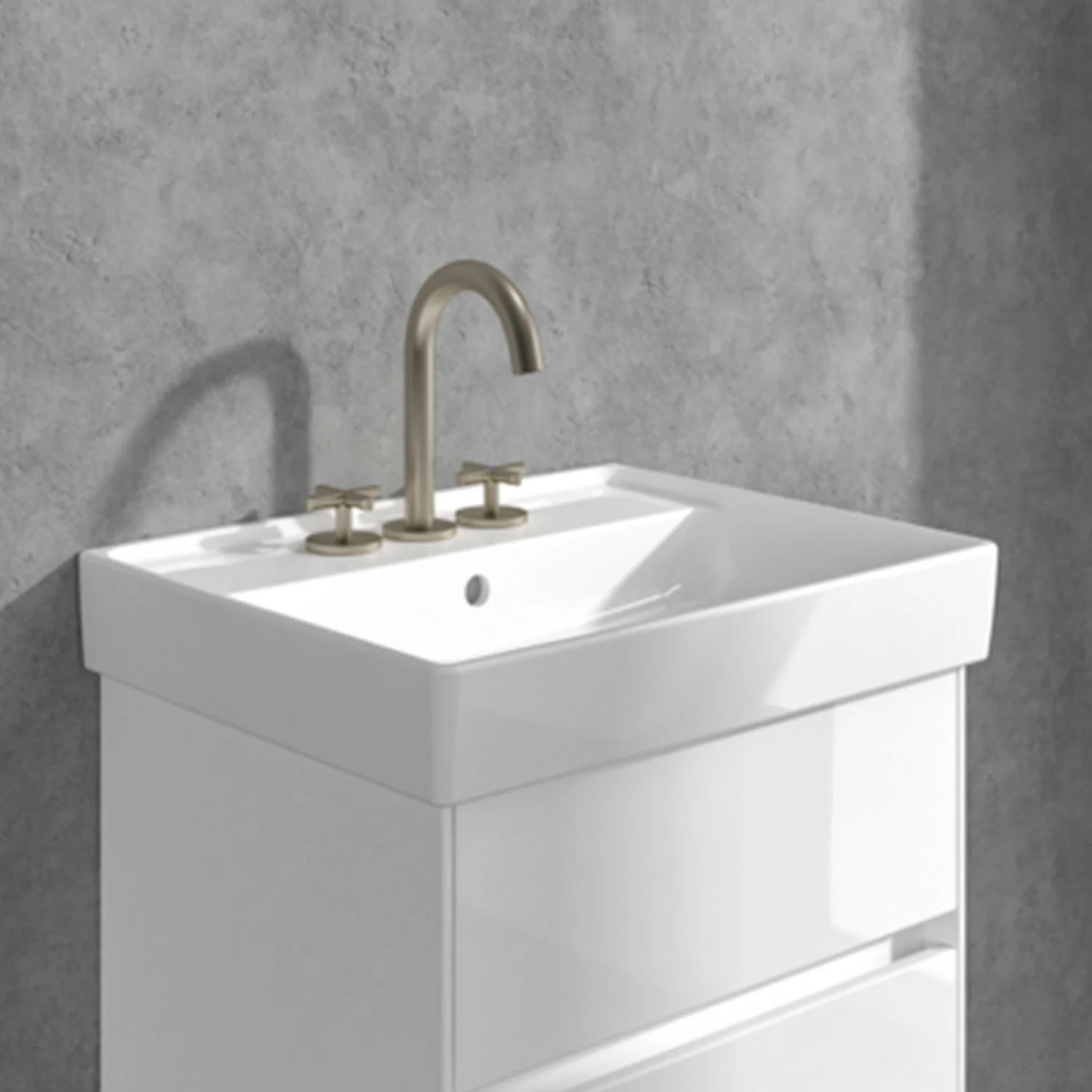 Trzyczęściowa bateria z białym zlewem w łazience, Villeroy & Boch