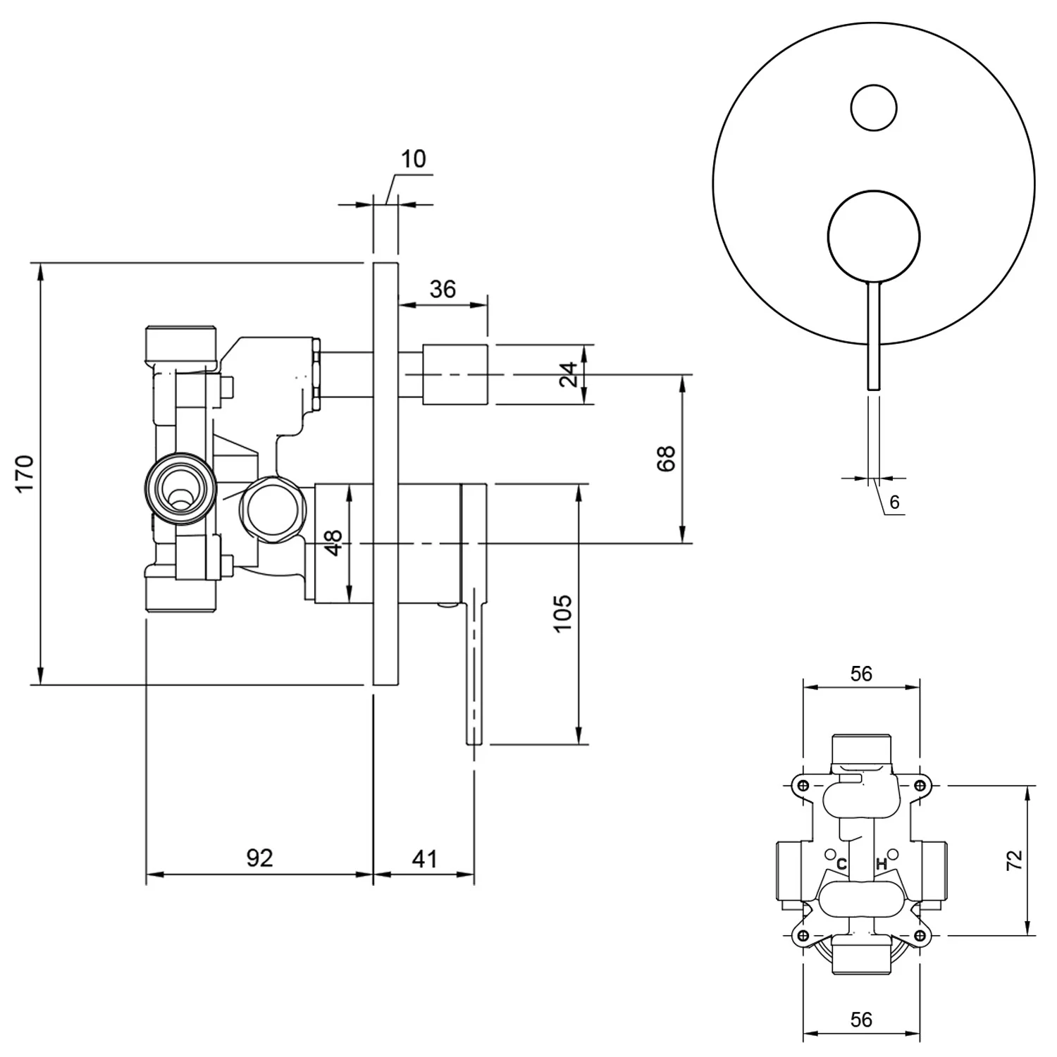Rysunek techniczny zaworu z wymiarami, Villeroy & Boch