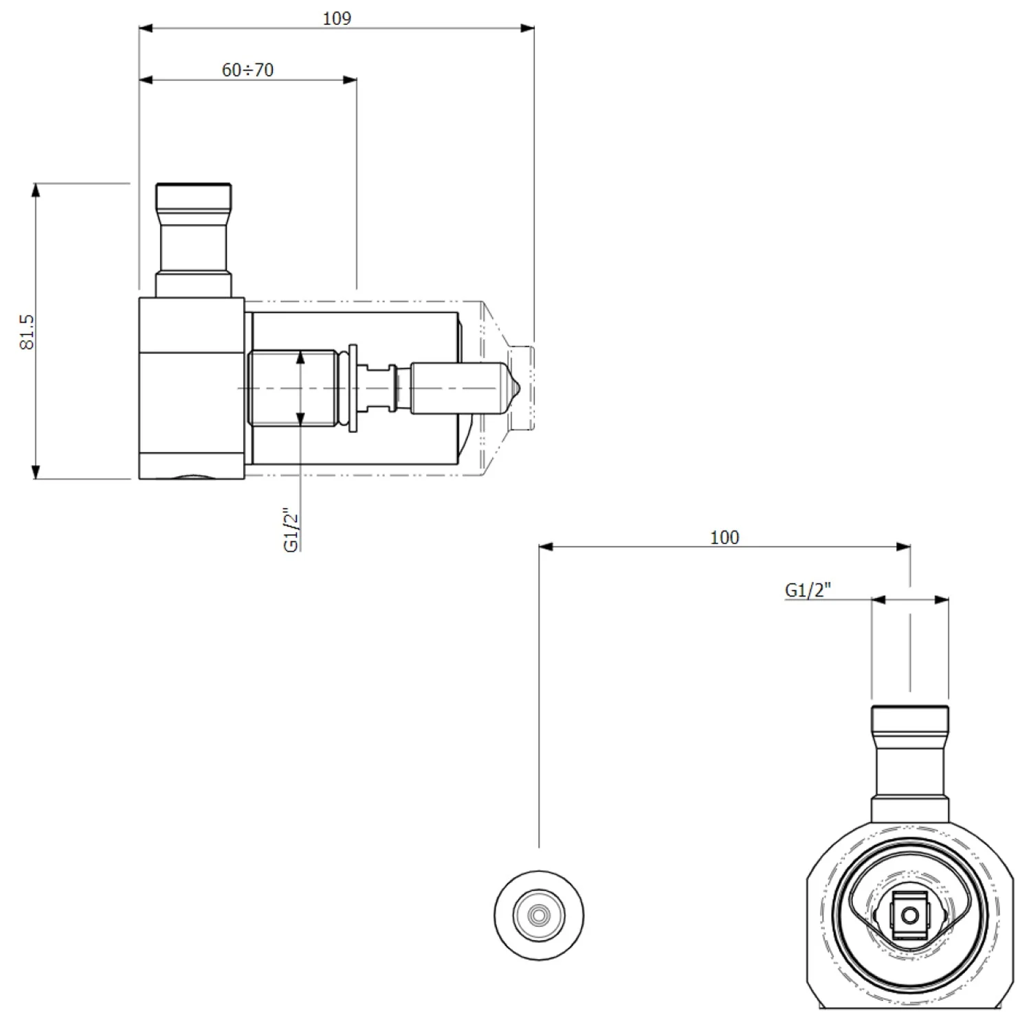 Rysunek techniczny zaworu z wymiarami, Villeroy & Boch