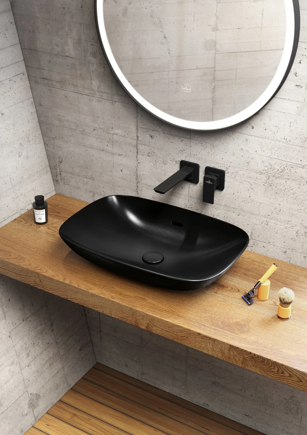 Czarna umywalka na drewnianym blacie w łazience, Villeroy & Boch