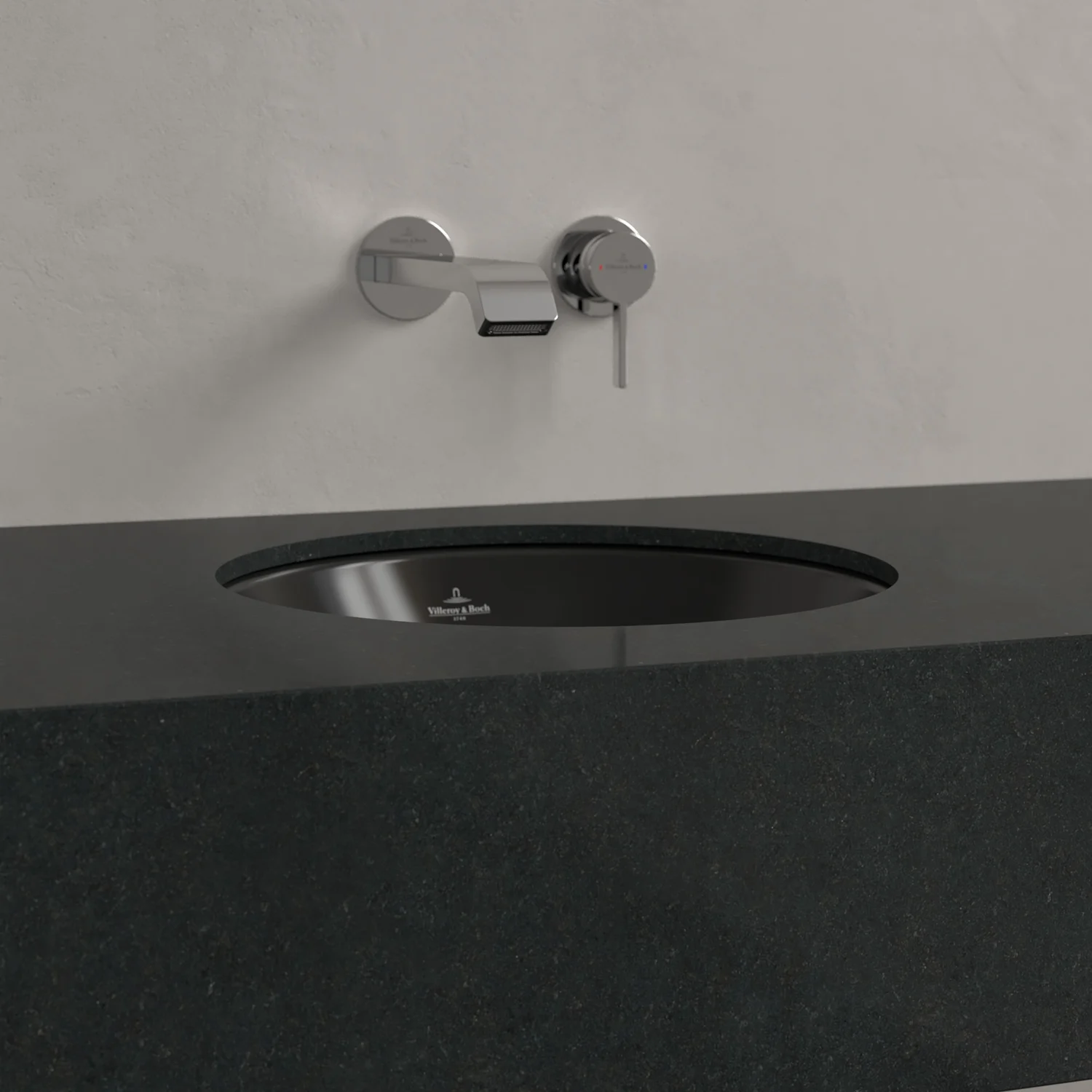 Zbliżenie umywalki z baterią ścienną, Villeroy & Boch