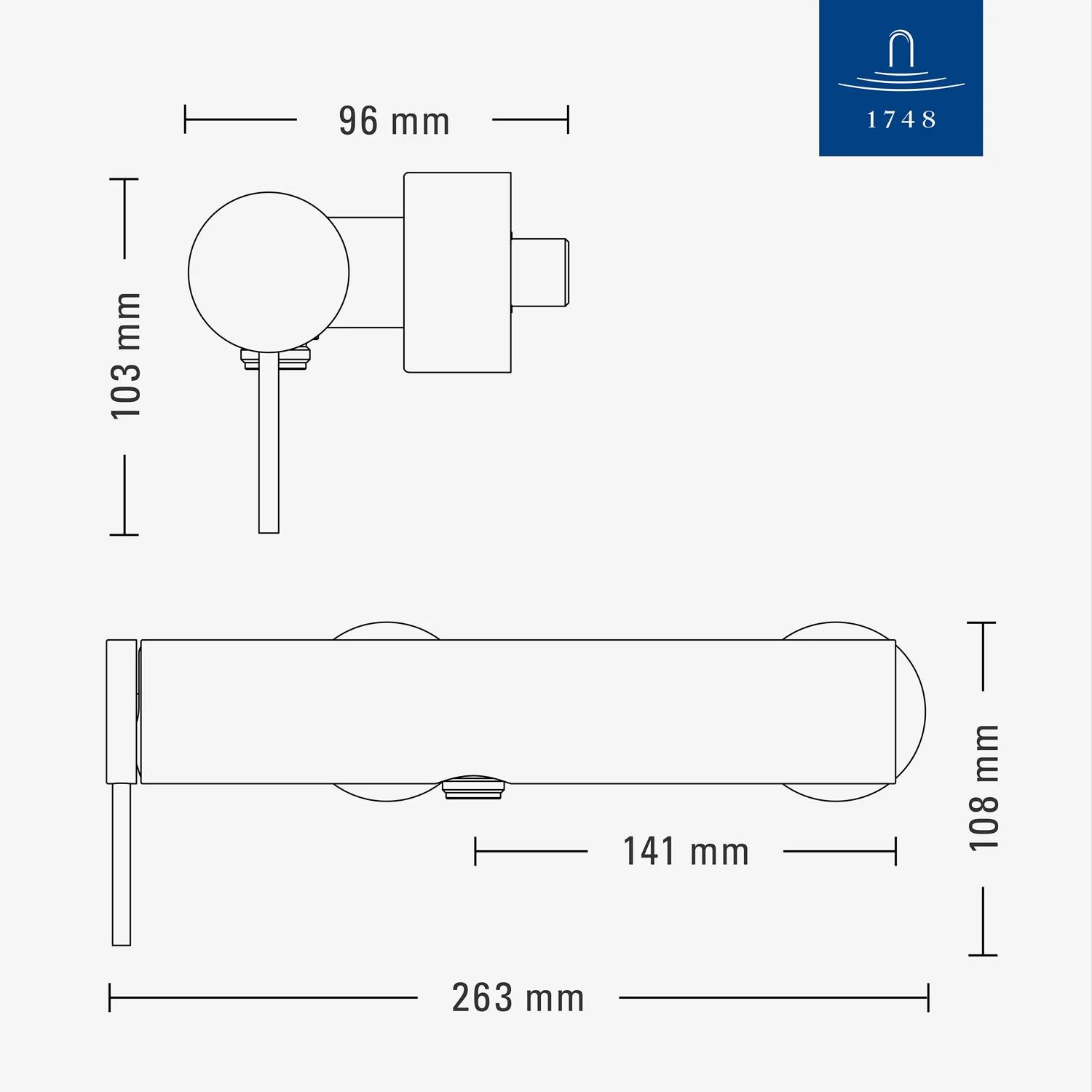 Rysunek techniczny baterii z wymiarami, Villeroy & Boch