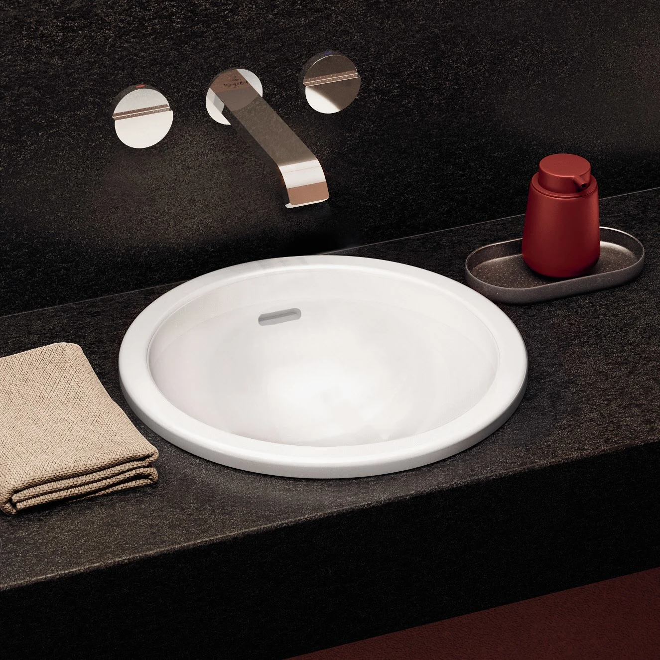 Okrągła umywalka w czarnym blacie, Villeroy & Boch