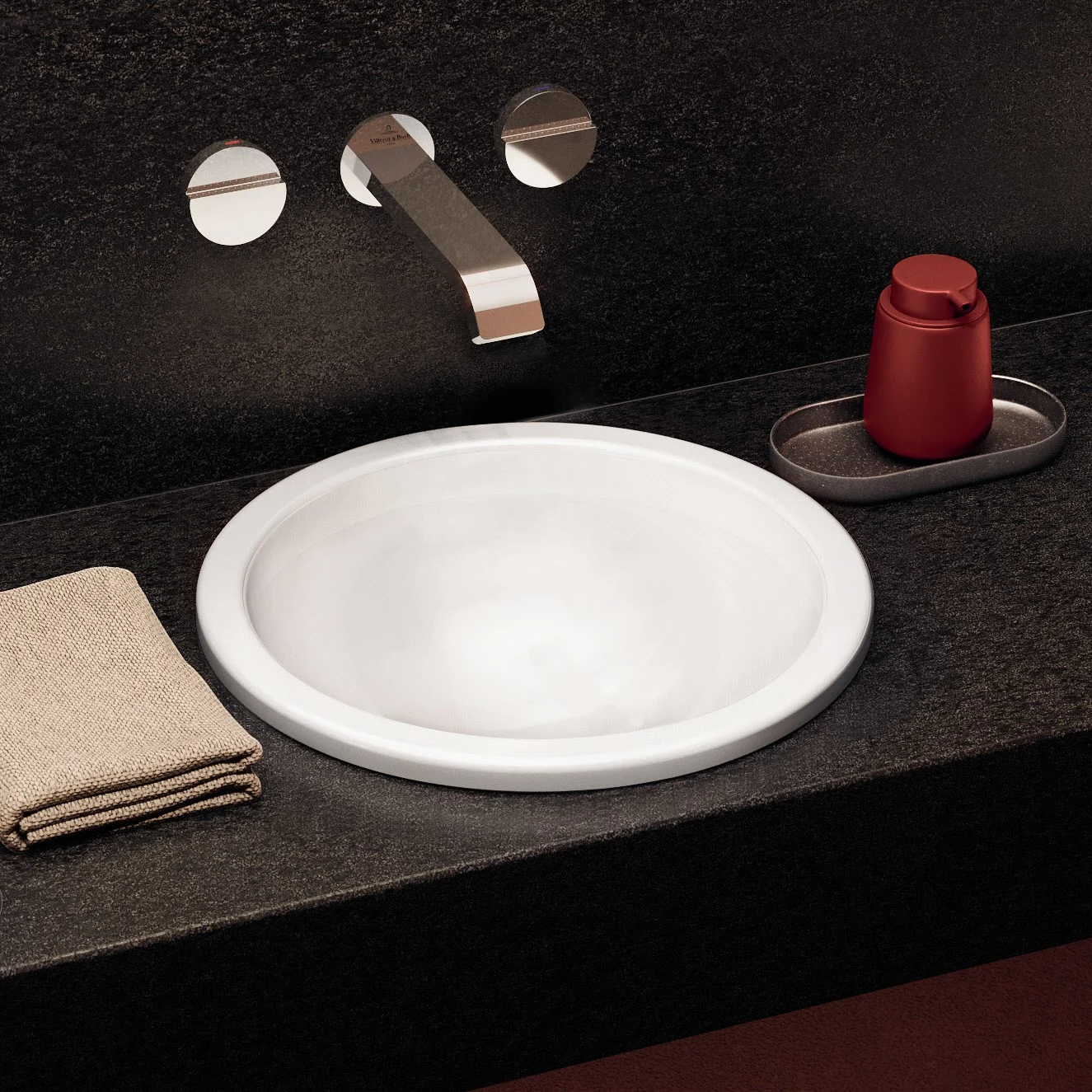 Okrągła umywalka w czarnym blacie, Villeroy & Boch