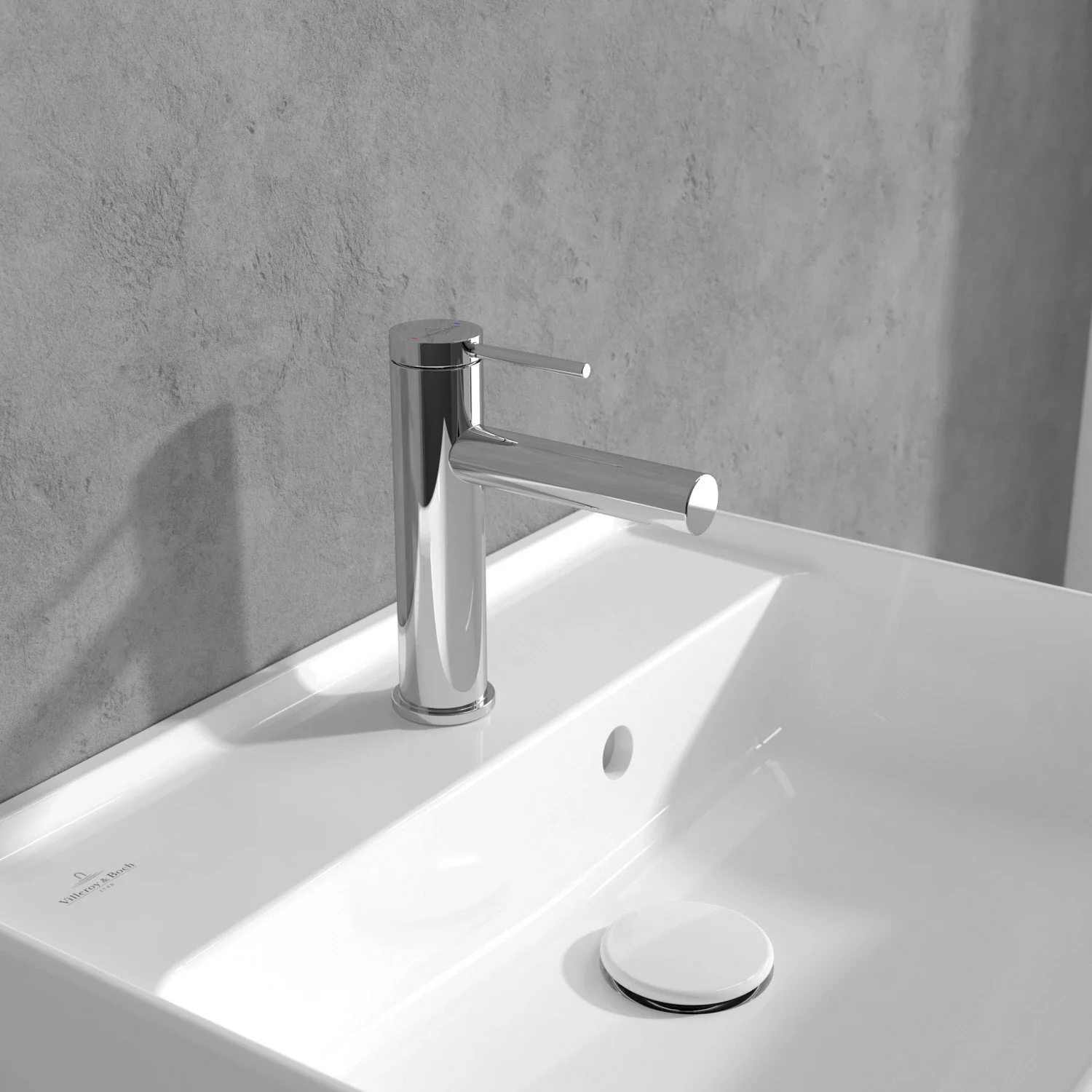 Chromowana bateria z prostokątną umywalką zbliżenie, Villeroy & Boch