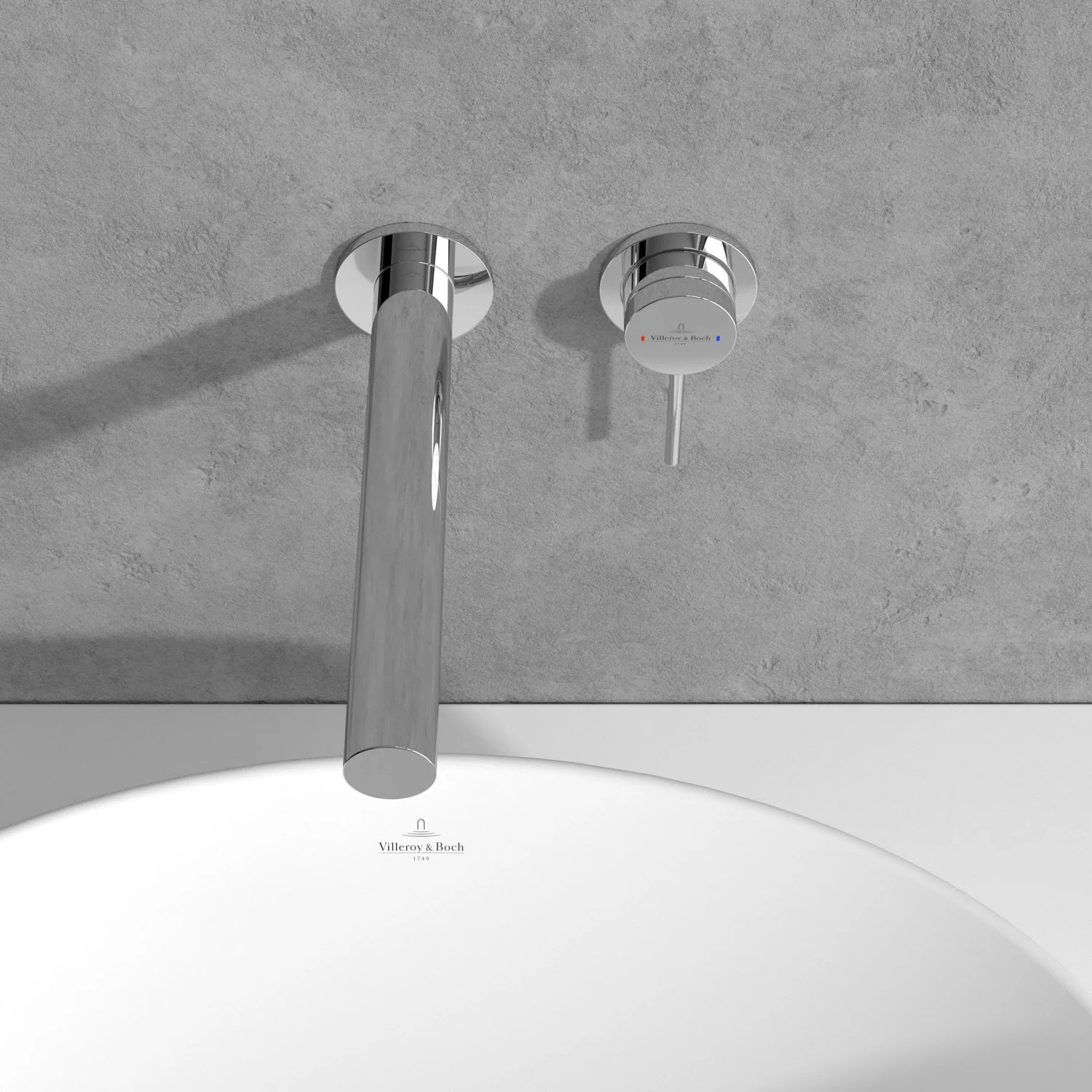 Chromowany kran nad białą umywalką, Villeroy & Boch