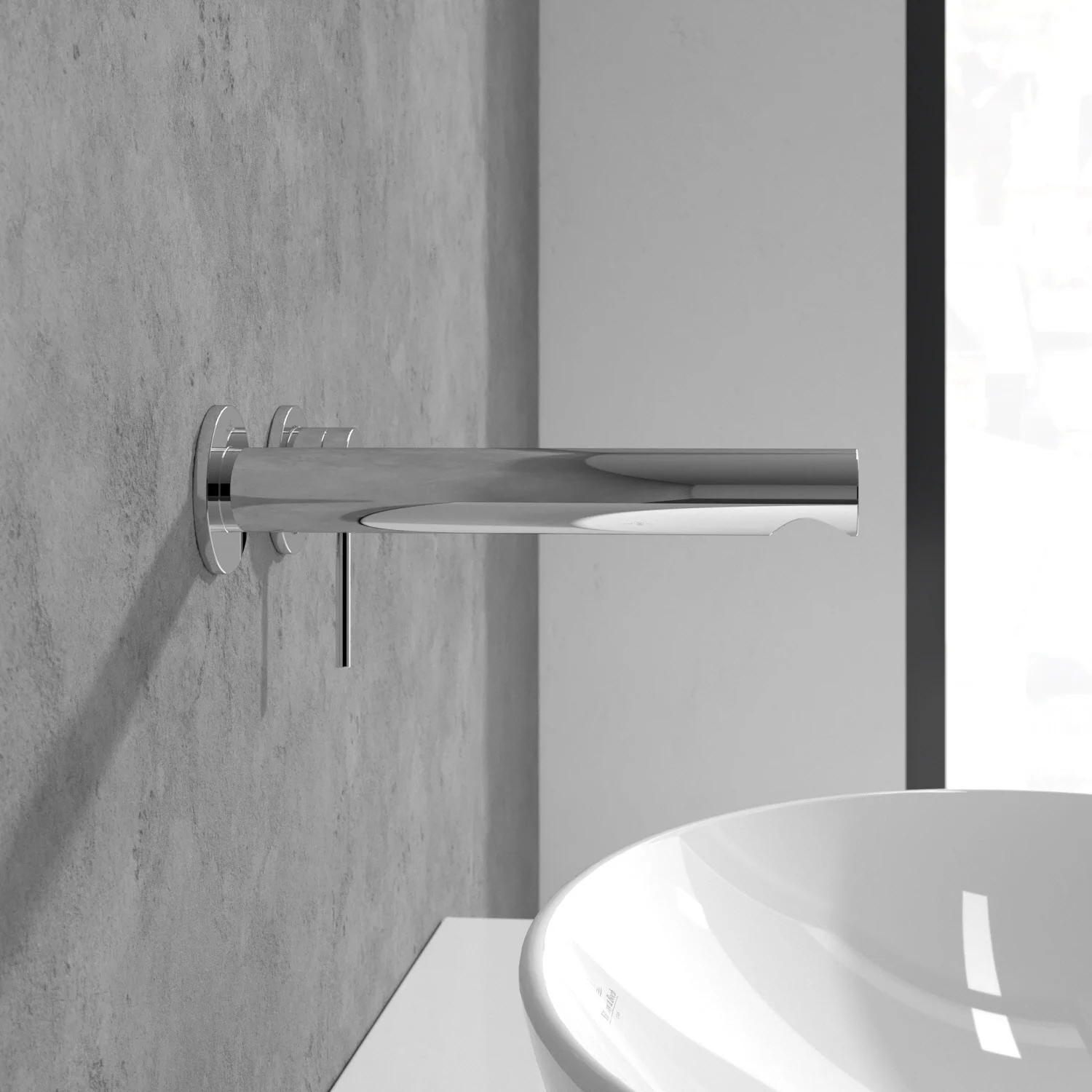 Chromowany kran zamontowany na szarej ścianie, Villeroy & Boch