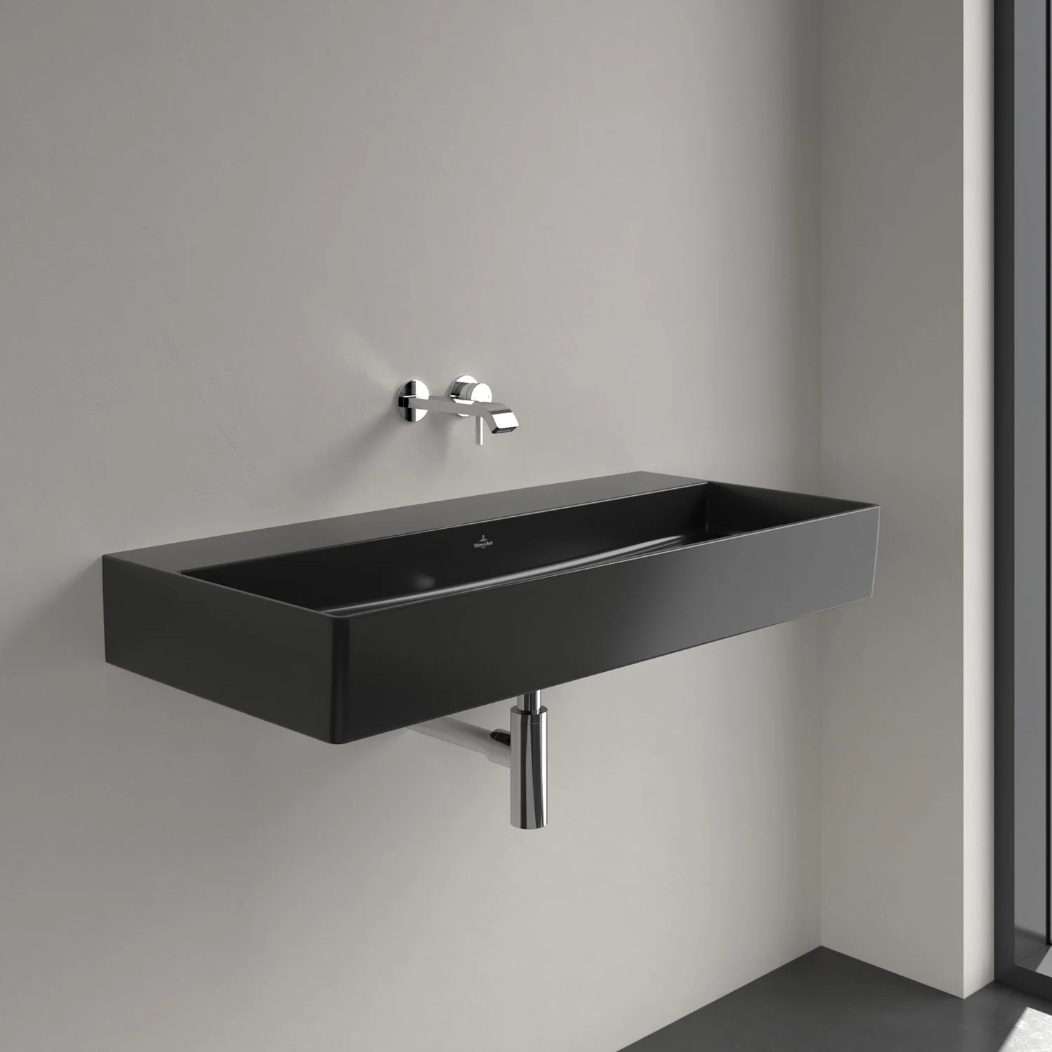 Czarna umywalka z baterią ścienną w łazience, Villeroy & Boch
