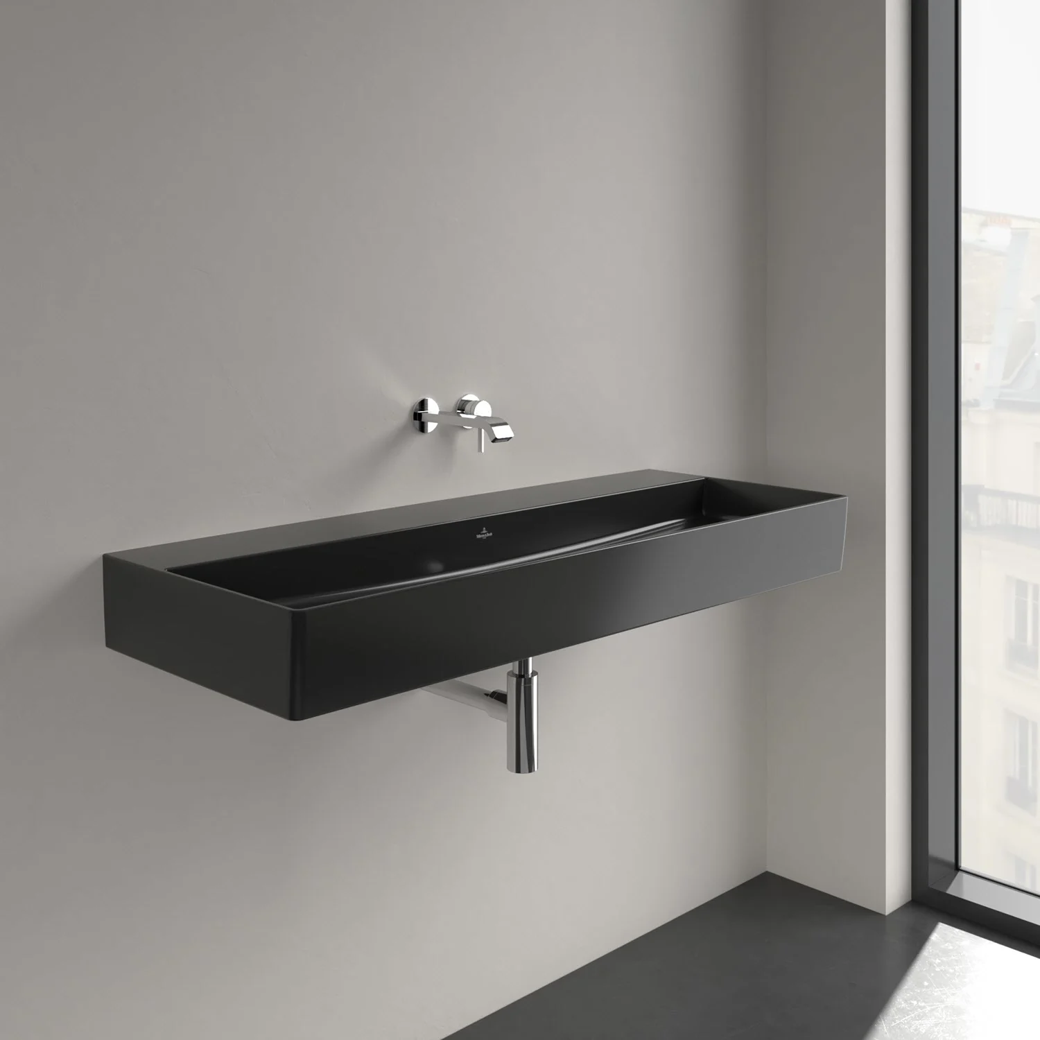 Czarna umywalka z baterią ścienną, Villeroy & Boch