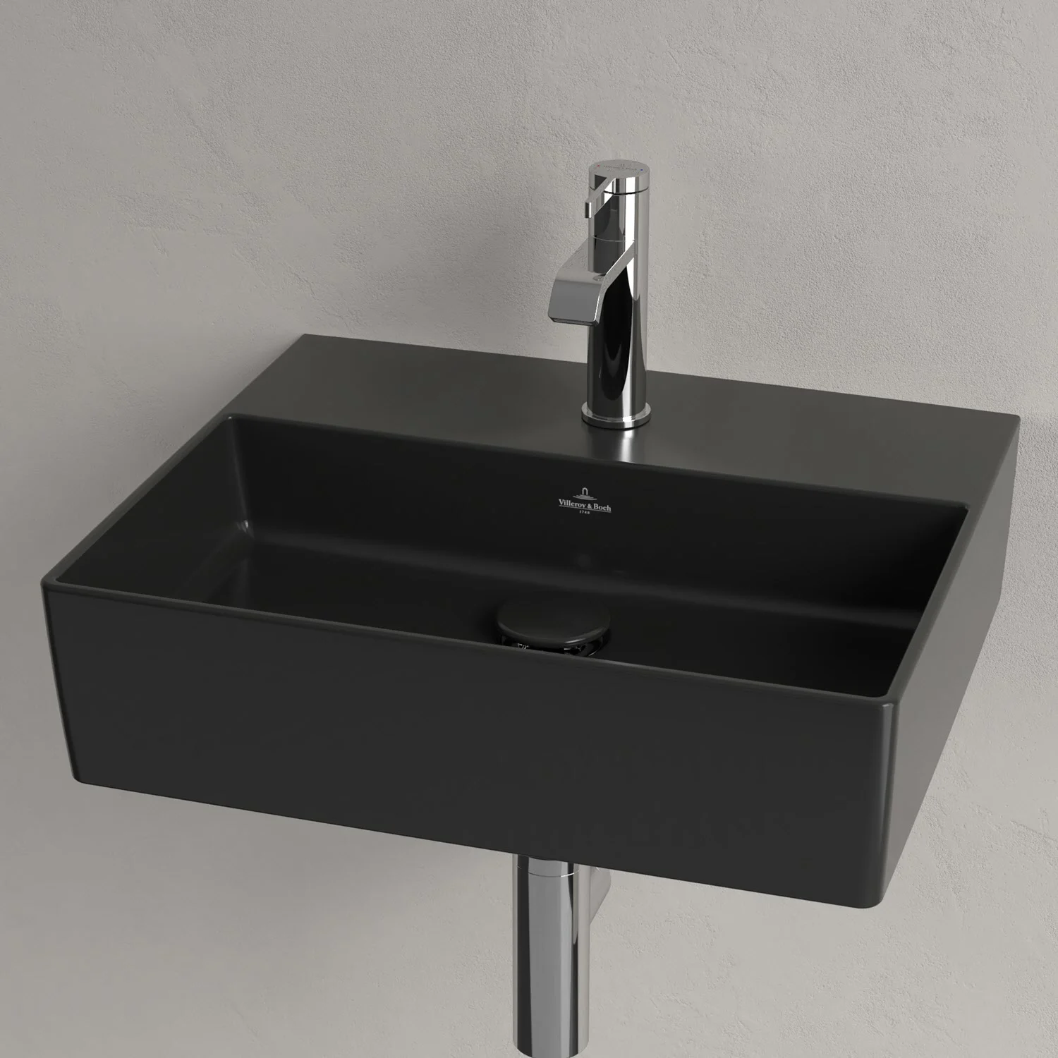 Czarna umywalka z baterią widok z przodu, Villeroy & Boch
