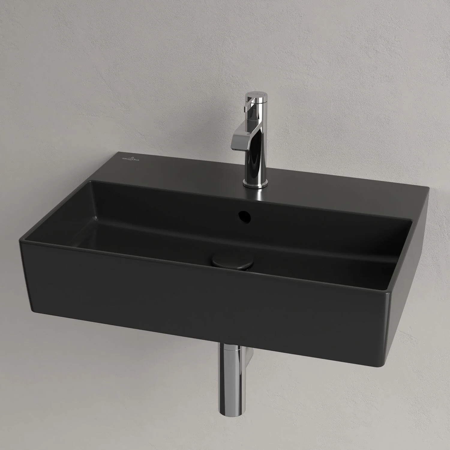 Czarna umywalka z baterią w zbliżeniu, Villeroy & Boch