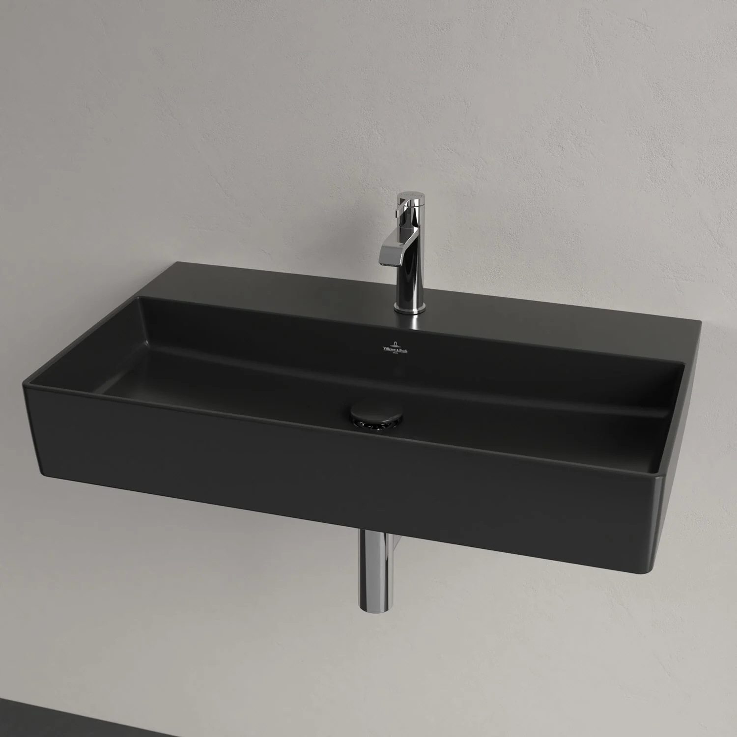 Czarna umywalka z baterią w zbliżeniu, Villeroy & Boch