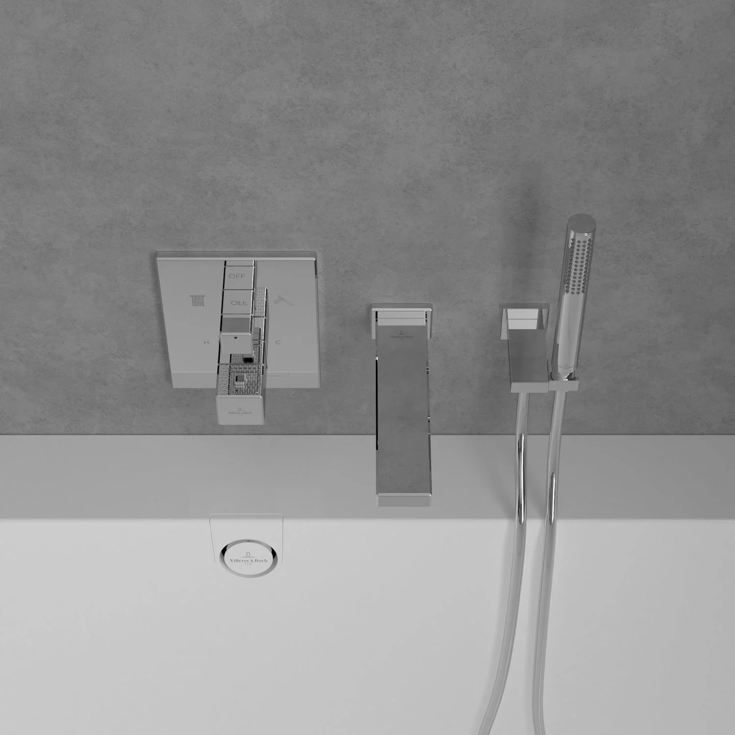 Chromowana bateria i umywalka z bliska, Villeroy & Boch