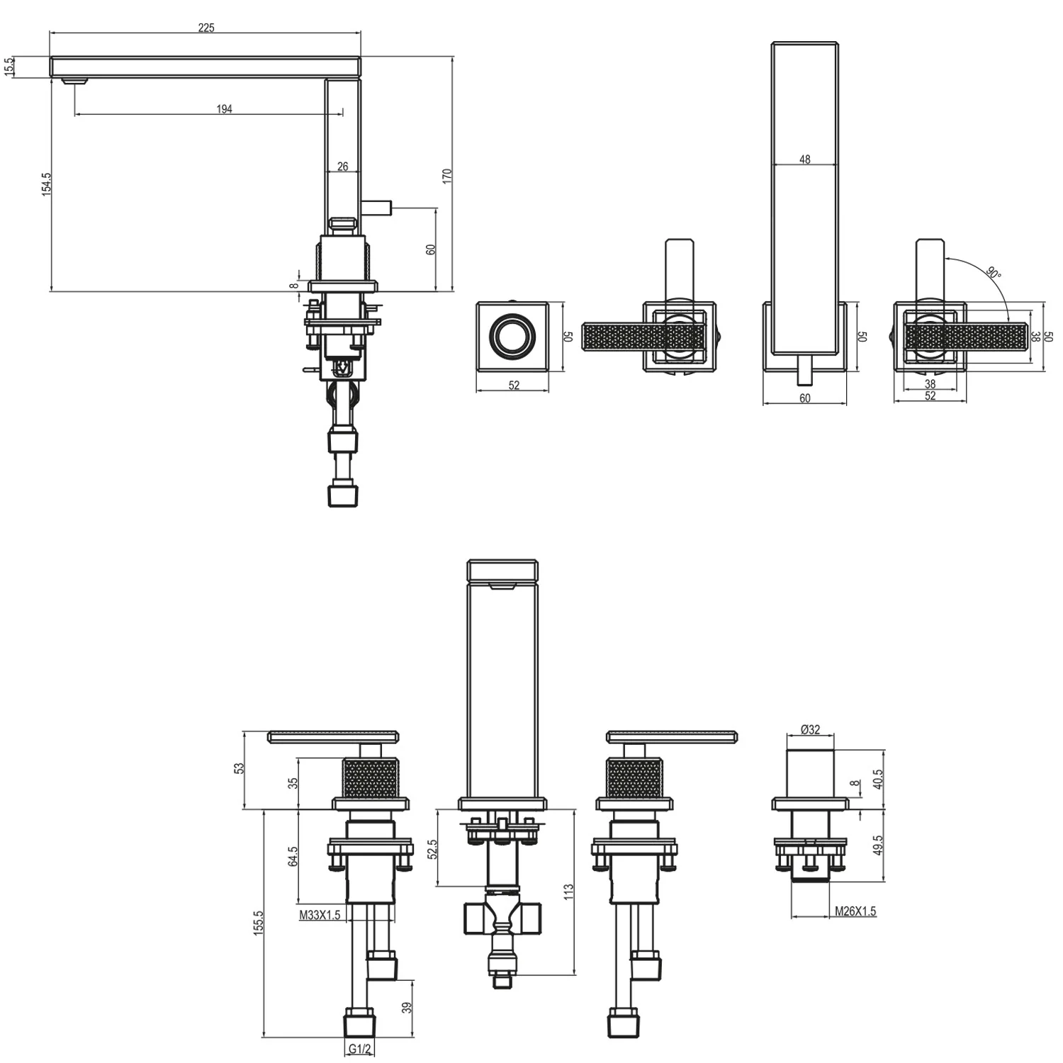 Rysunek techniczny baterii z wymiarami, Villeroy & Boch