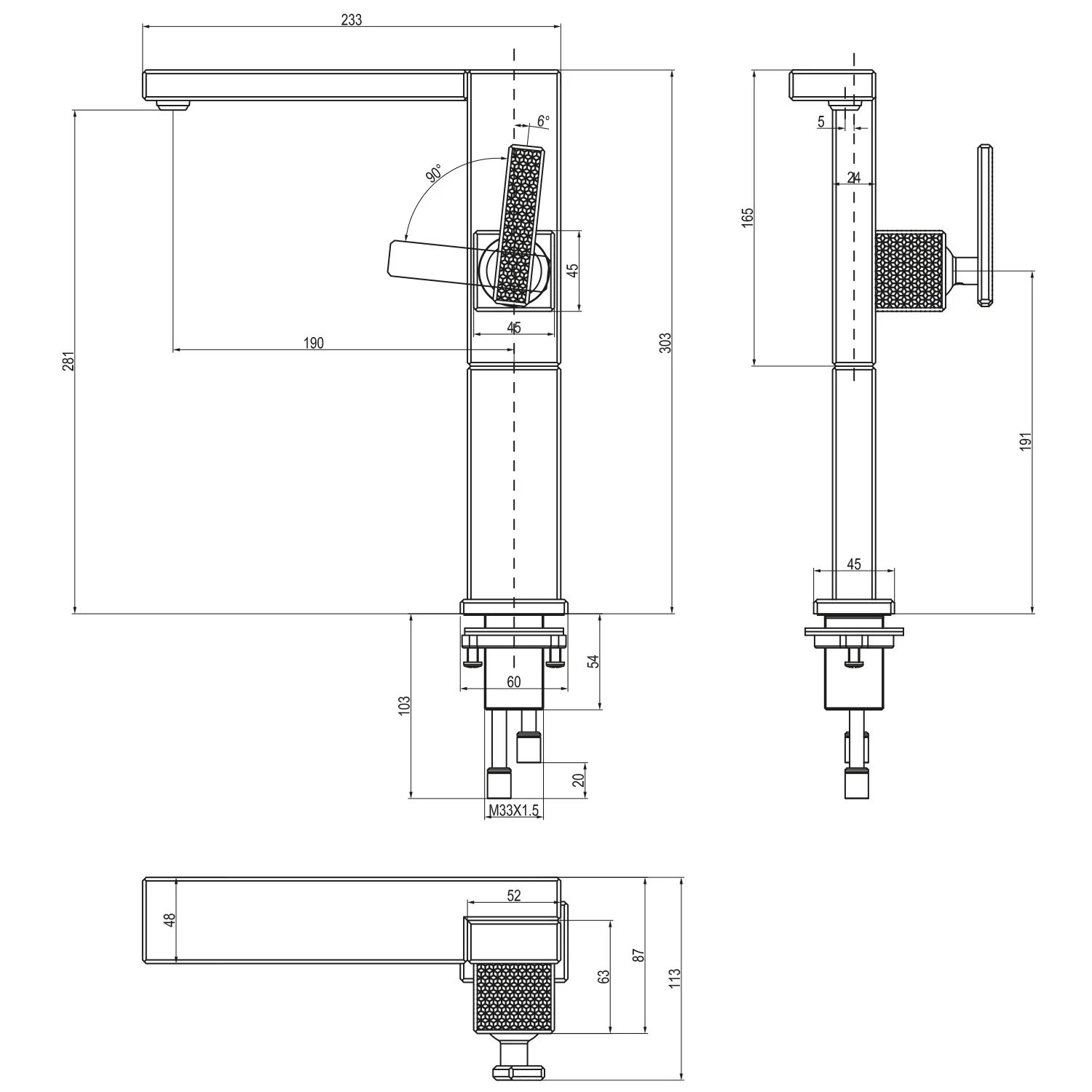 Rysunek techniczny baterii z wymiarami, Villeroy & Boch