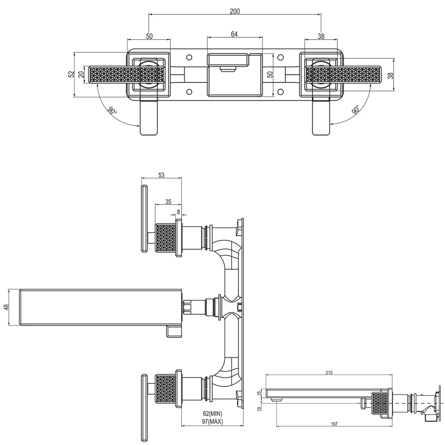 Rysunek techniczny armatury z wymiarami, Villeroy & Boch