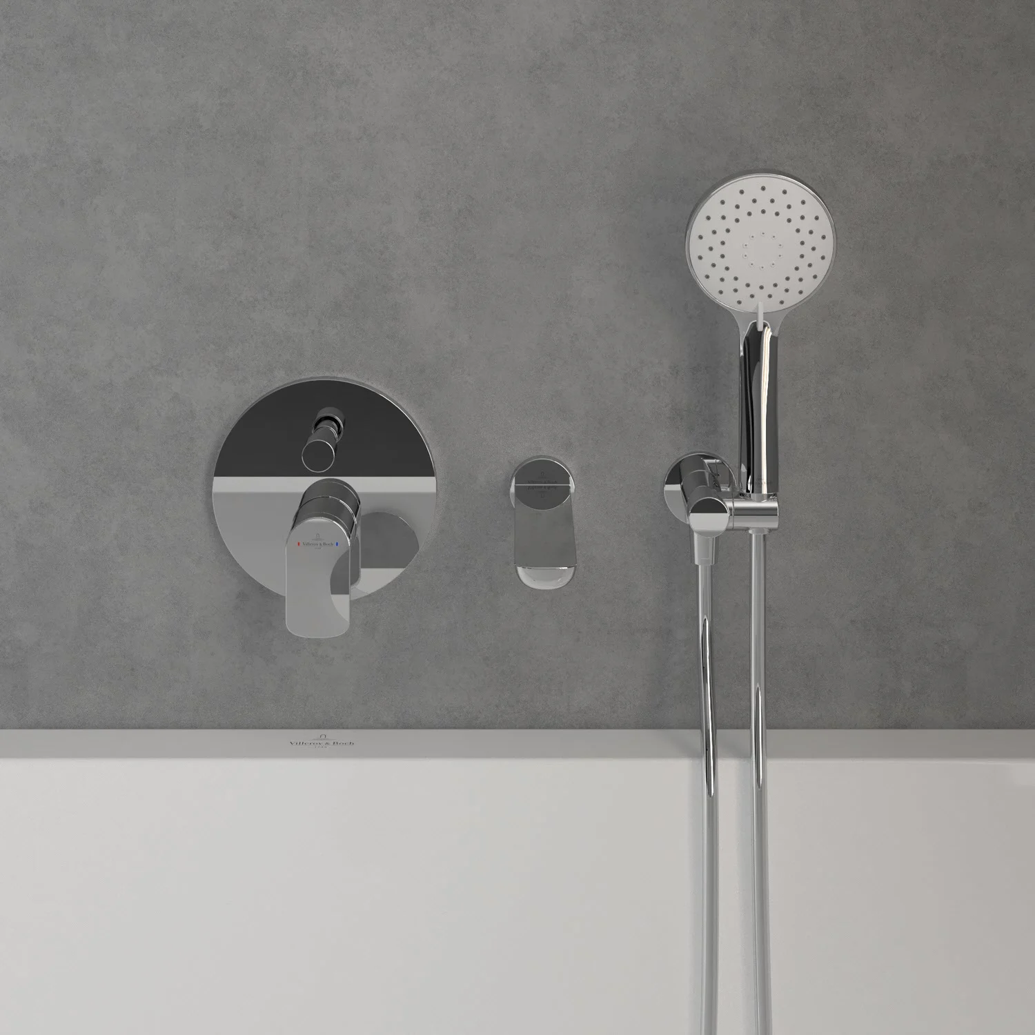 Armatura prysznicowa z rączką w szarej łazience, Villeroy & Boch