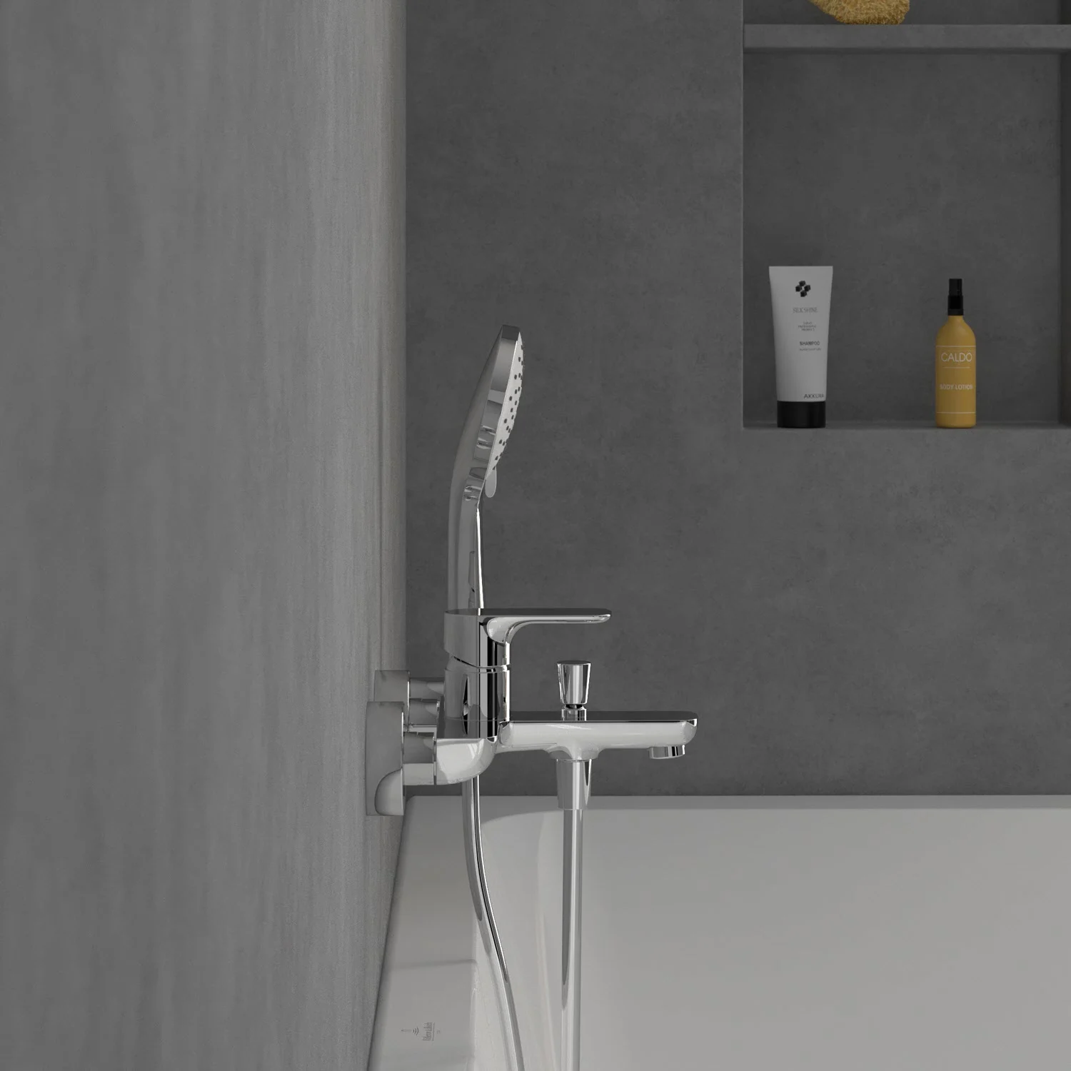 Bateria wannowa z rączką prysznicową w szarej łazience, Villeroy & Boch