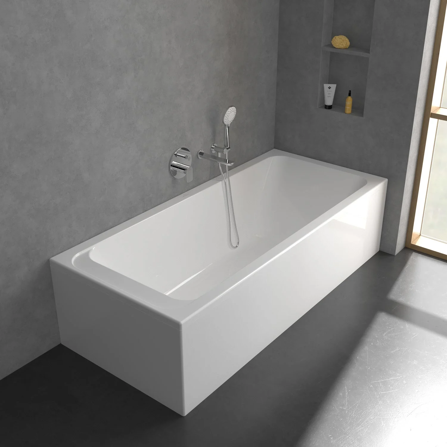 Biała wanna z armaturą prysznicową w nowoczesnej łazience, Villeroy & Boch