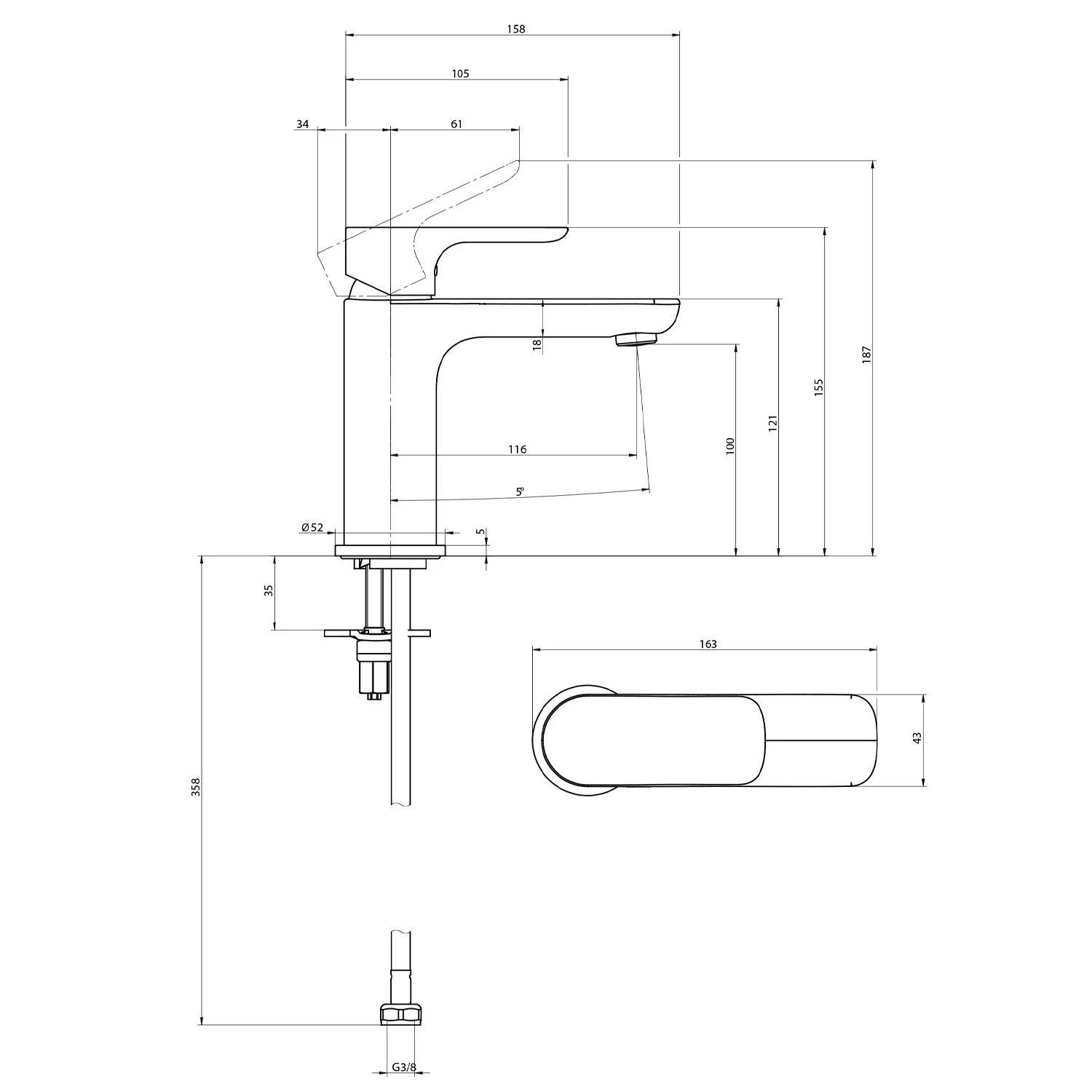 Rysunek techniczny baterii z wymiarami, Villeroy & Boch