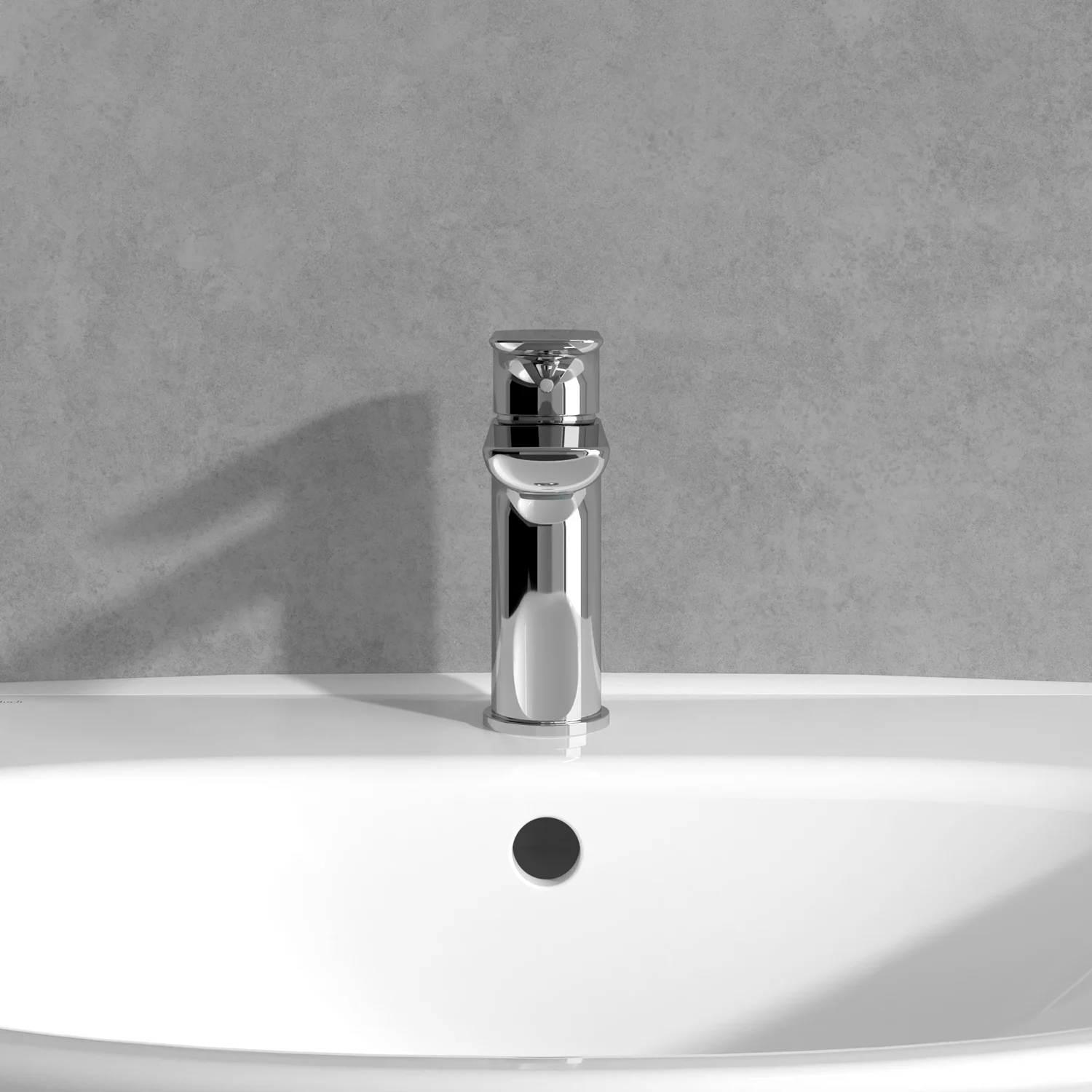 Chromowana bateria na umywalce przy szarej ścianie, Villeroy & Boch