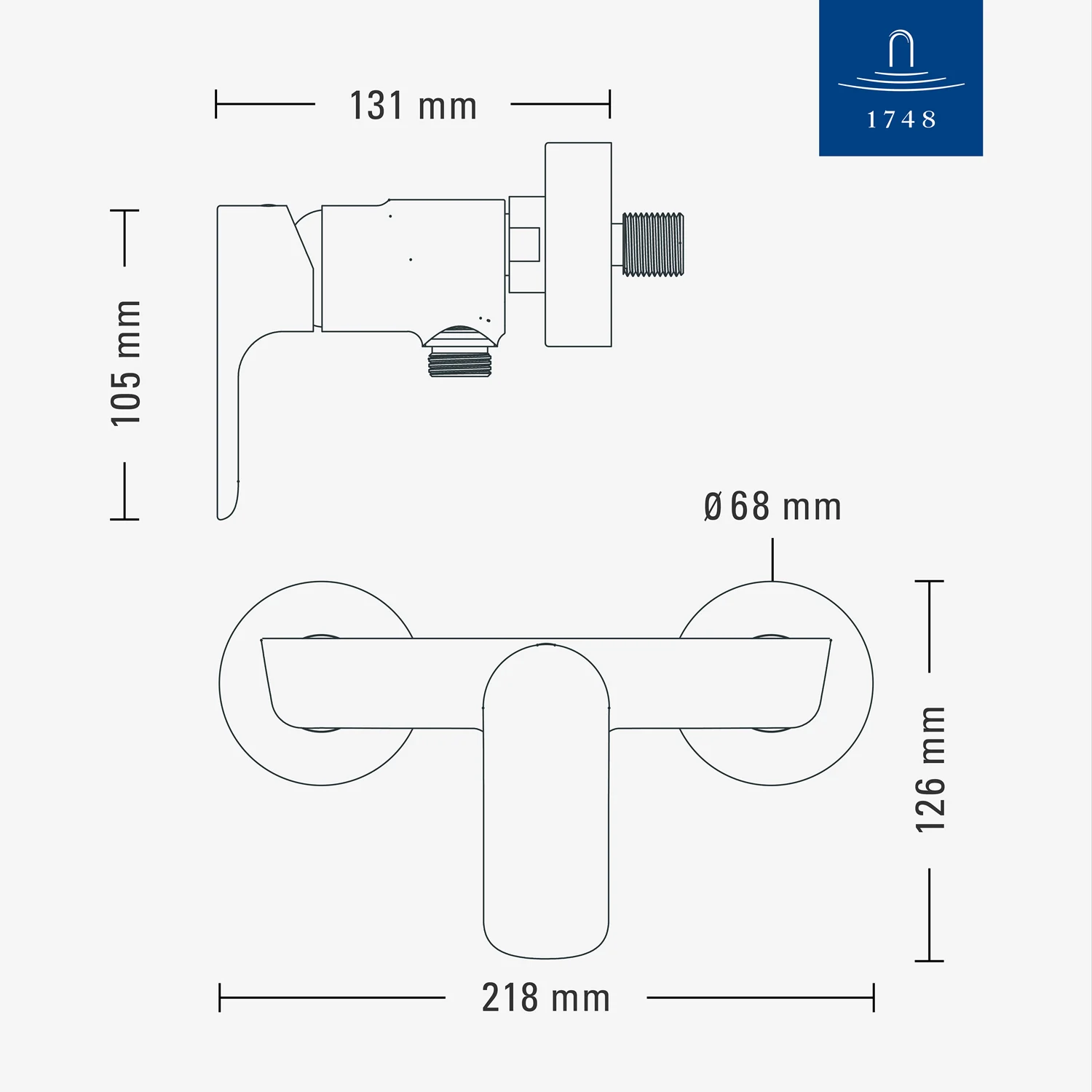 Rysunek techniczny baterii z wymiarami, Villeroy & Boch