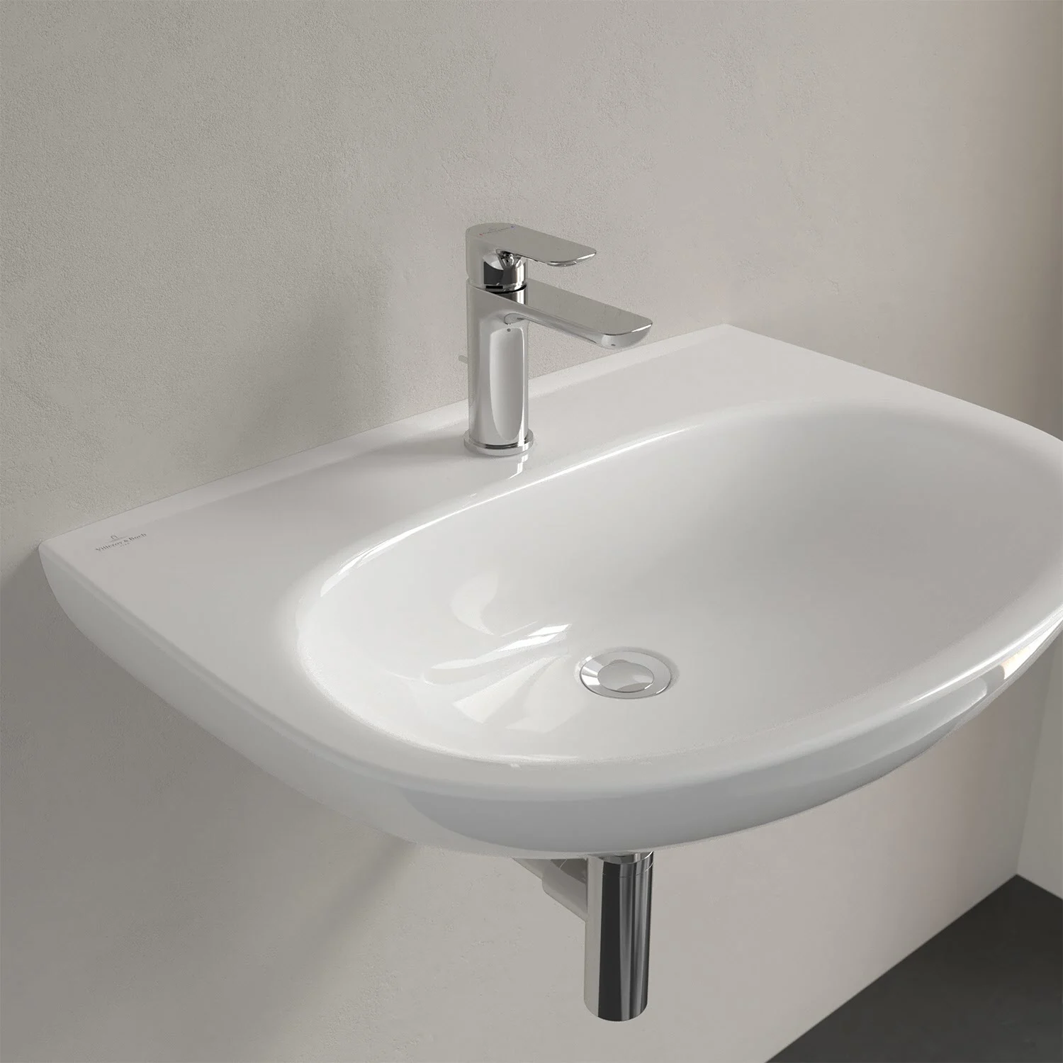 Biała umywalka z baterią w zbliżeniu, Villeroy & Boch