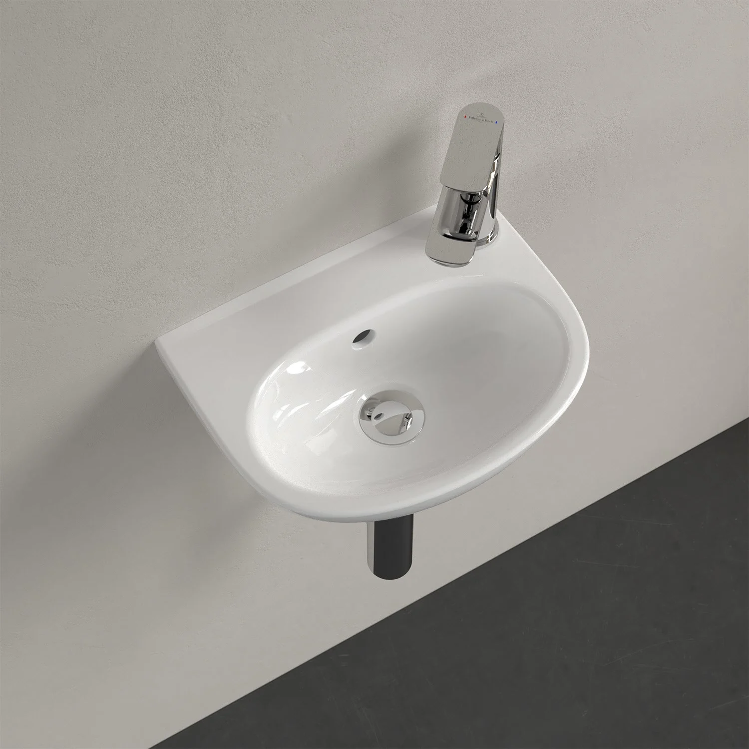 Biała umywalka z kranem na ścianie, Villeroy & Boch