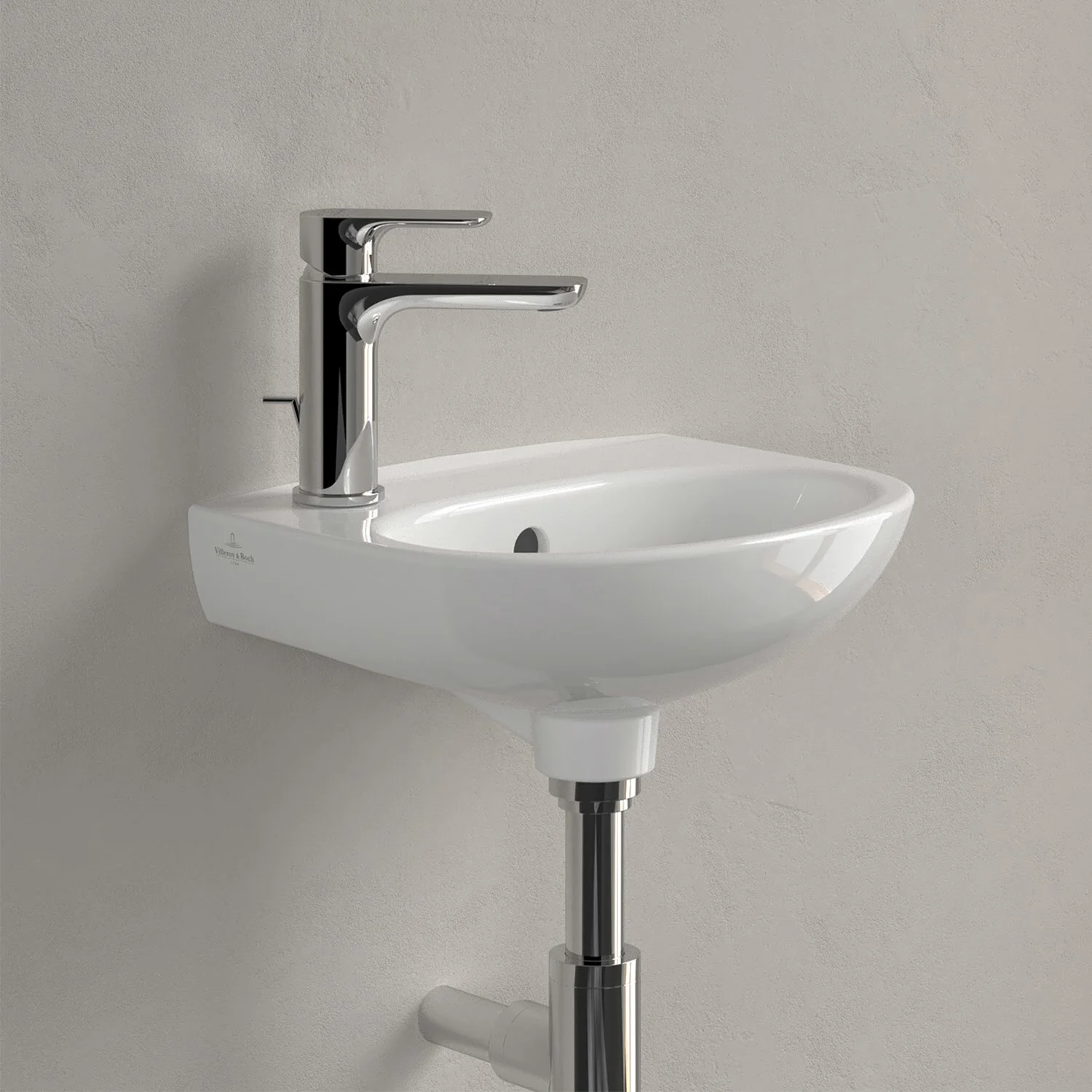 Biała umywalka z baterią w zbliżeniu, Villeroy & Boch