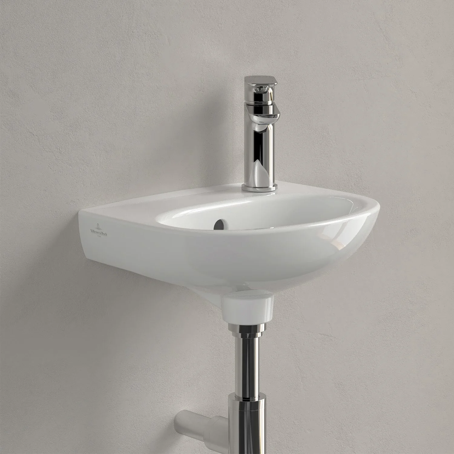 Biała umywalka z baterią w zbliżeniu, Villeroy & Boch
