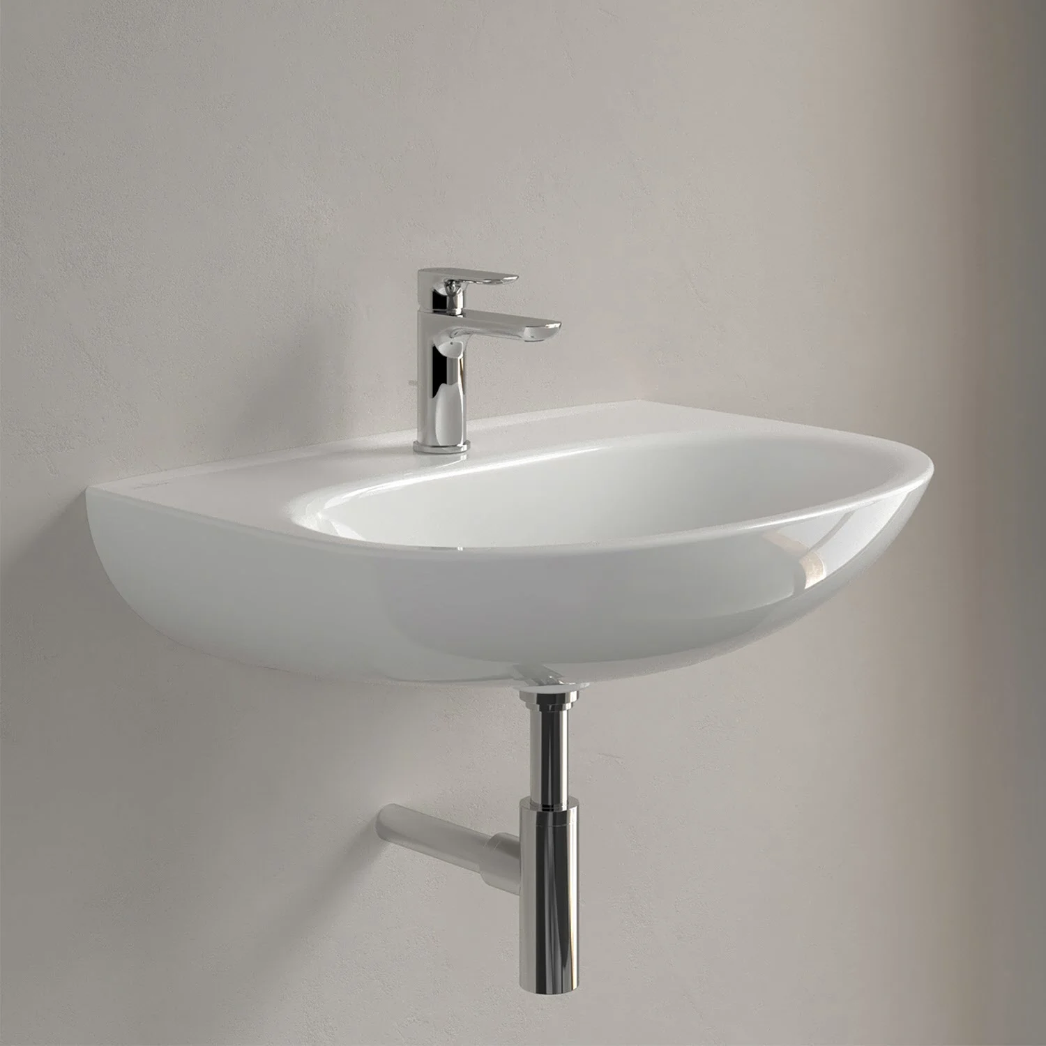 Biała umywalka z baterią na ścianie, Villeroy & Boch