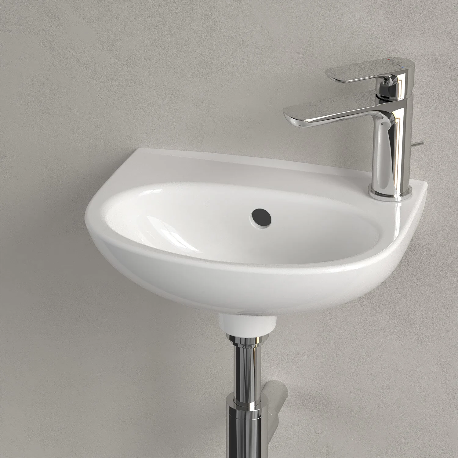Biała umywalka z kranem na ścianie, Villeroy & Boch