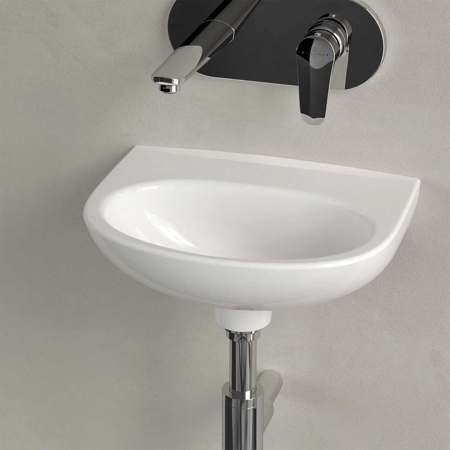 Biała umywalka z kranem ściennym, Villeroy & Boch