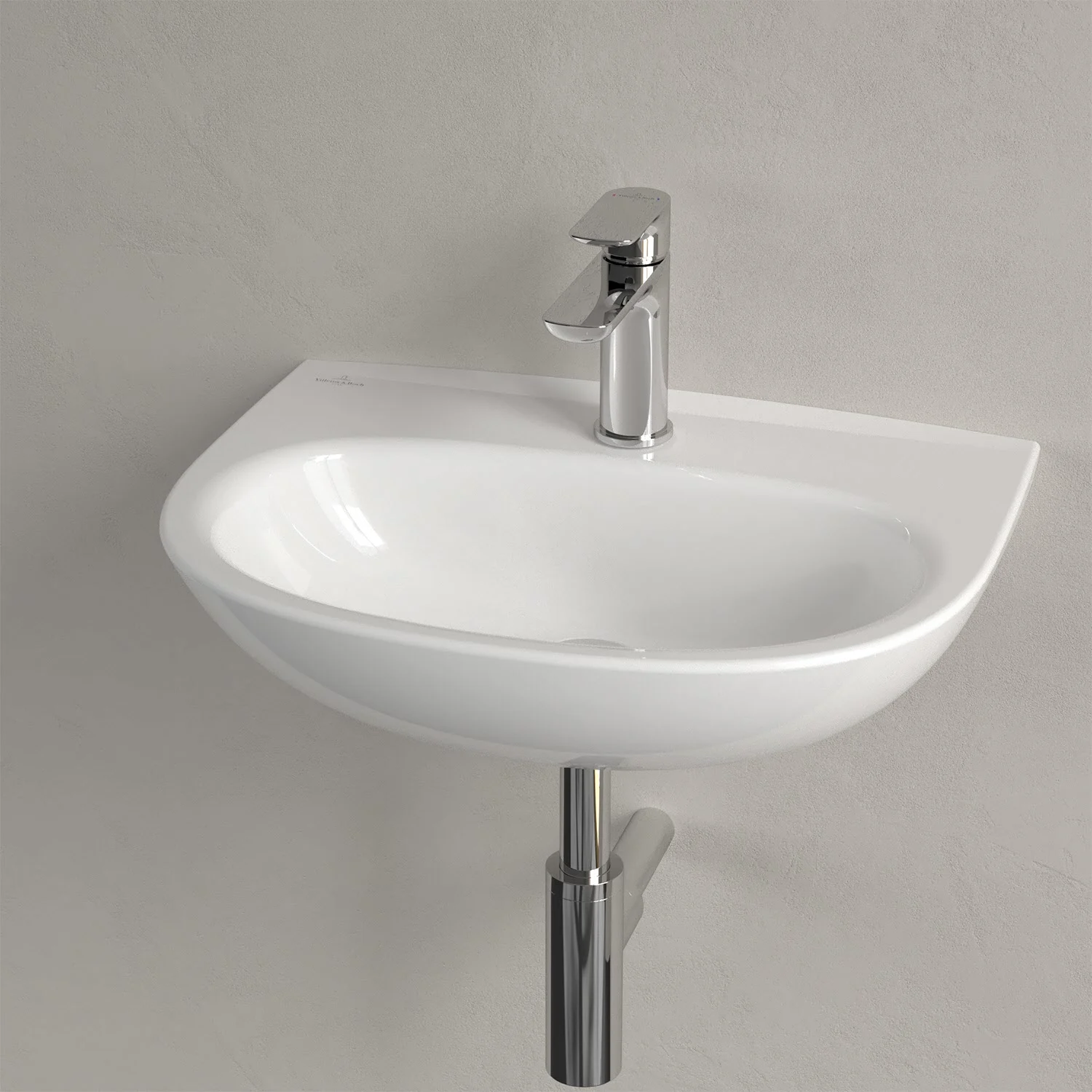 Biała umywalka z kranem na ścianie, Villeroy & Boch