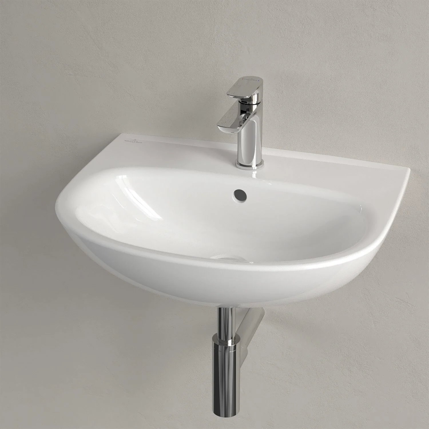 Biała umywalka z baterią w zbliżeniu, Villeroy & Boch