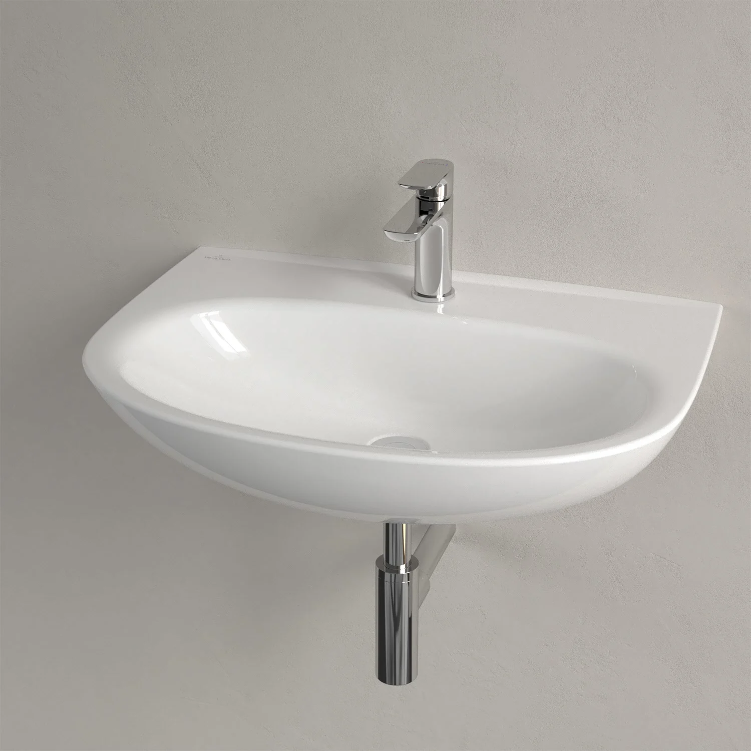 Biała umywalka z kranem w zbliżeniu, Villeroy & Boch