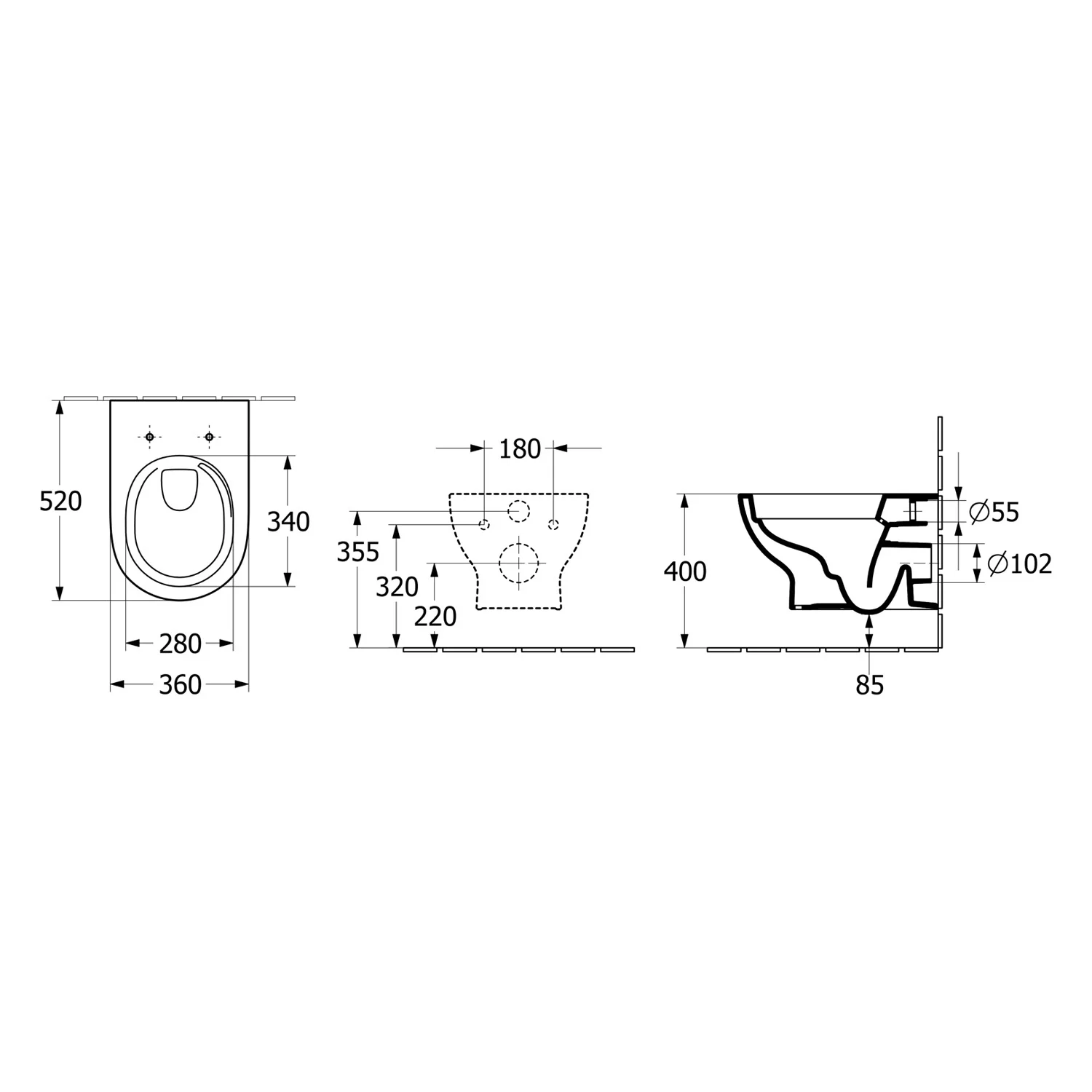 Rysunek techniczny toalety z wymiarami, Villeroy & Boch