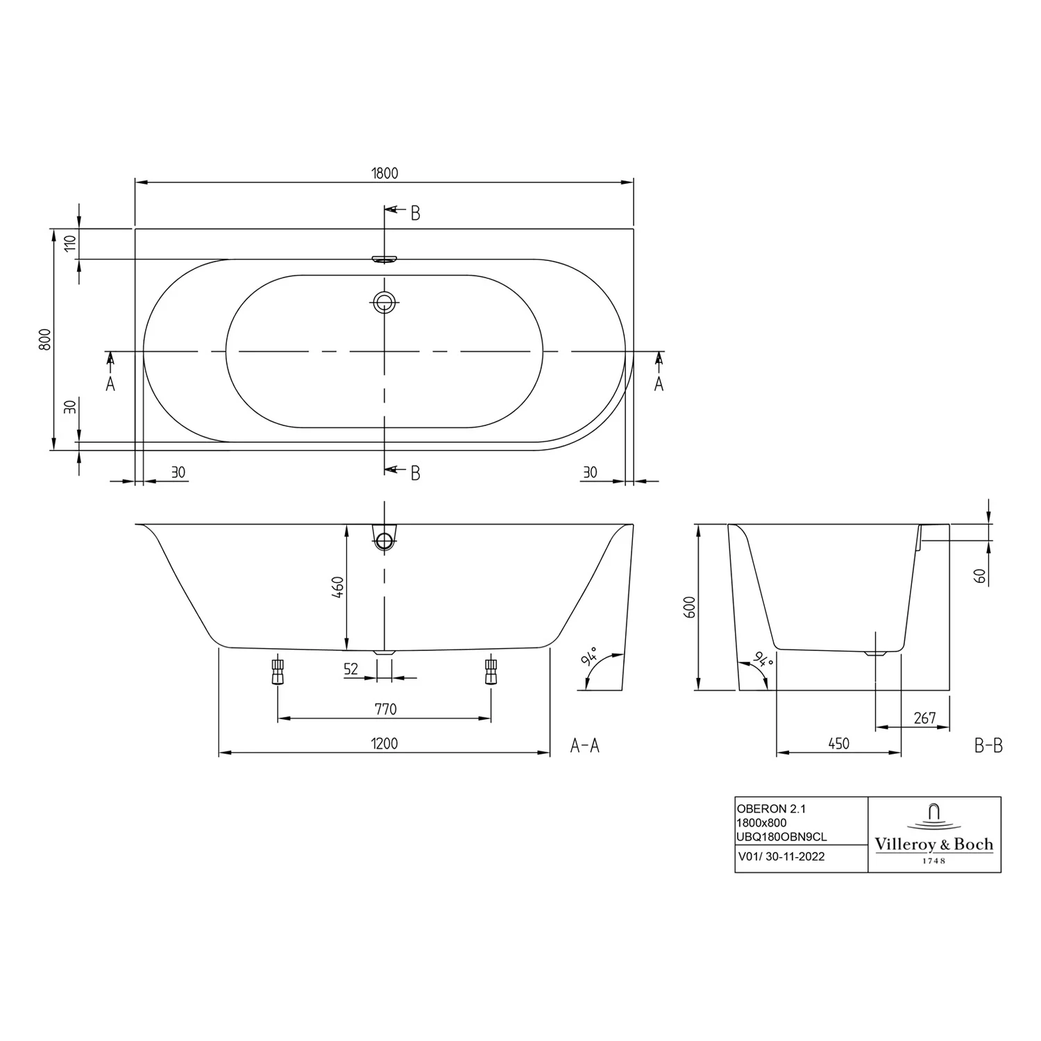 Rysunek techniczny wanny, Villeroy & Boch