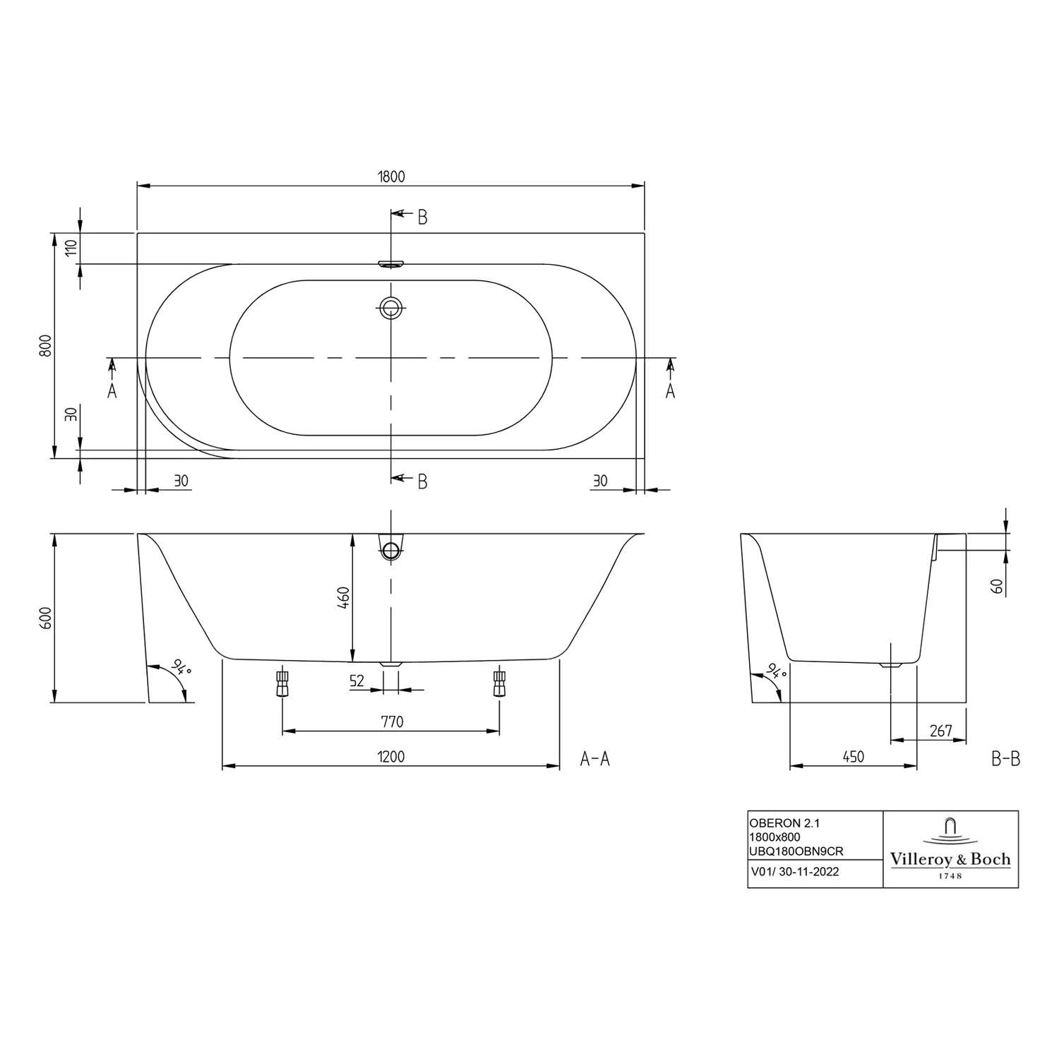 Rysunek techniczny wanny, Villeroy & Boch
