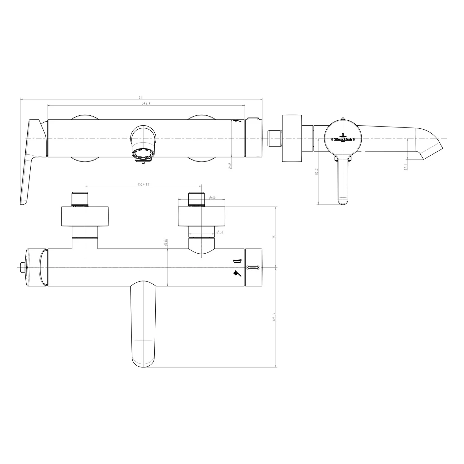 Rysunek techniczny baterii z wymiarami, Villeroy & Boch