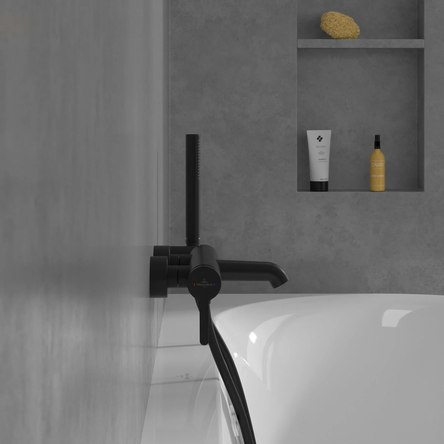 Czarna armatura wannowa w nowoczesnej łazience, Villeroy & Boch