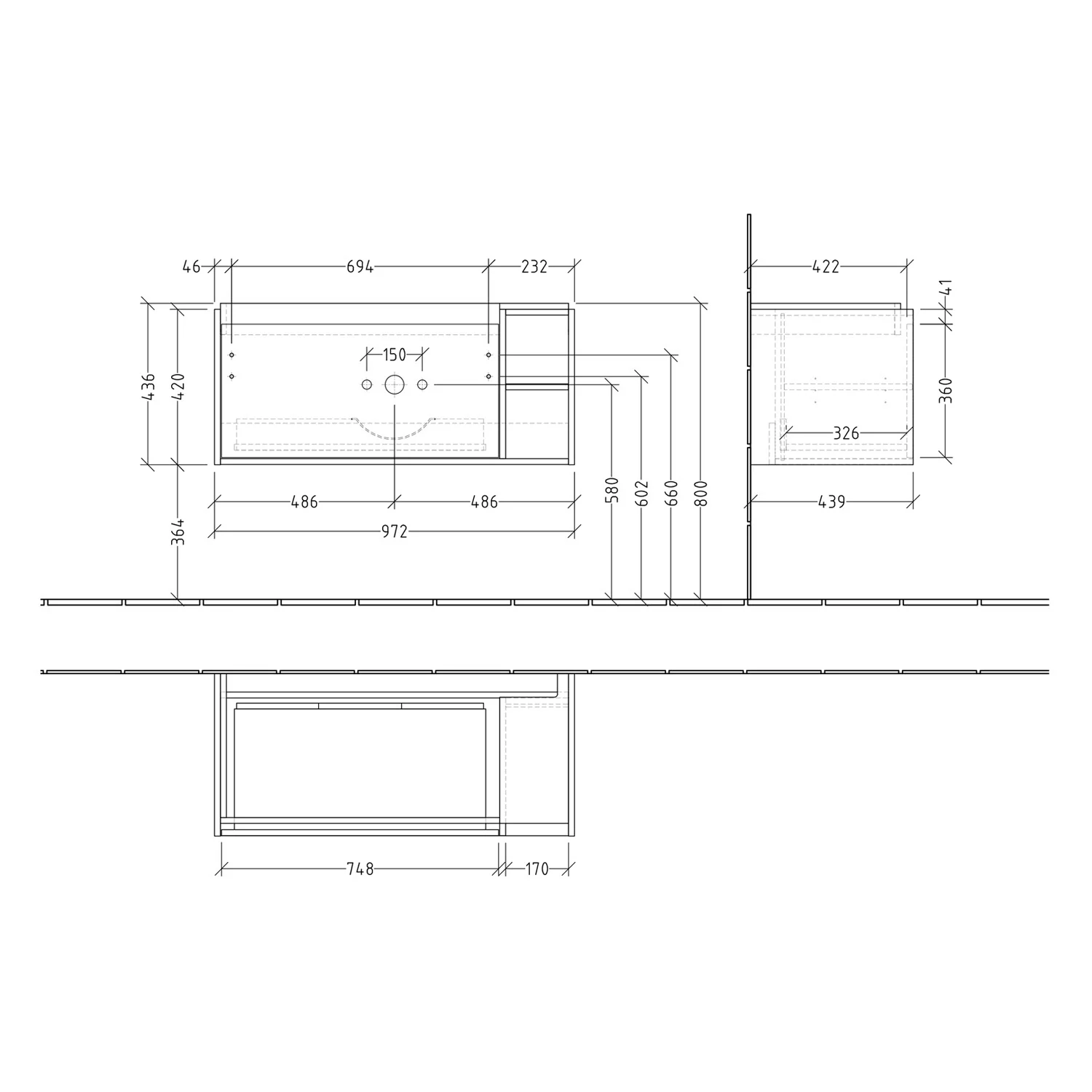 Rysunek techniczny umywalki z wymiarami, Villeroy & Boch