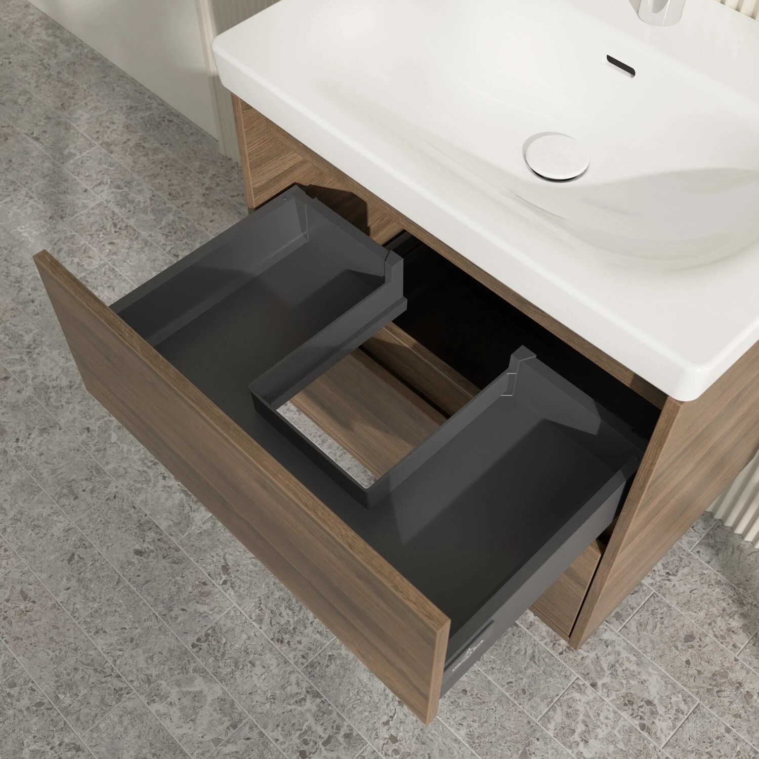 Zbliżenie umywalki z otwartą szufladą, Villeroy & Boch