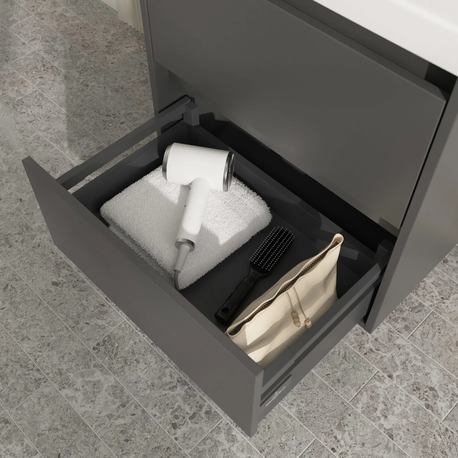 Zbliżenie otwartej szarej szuflady w łazience, Villeroy & Boch