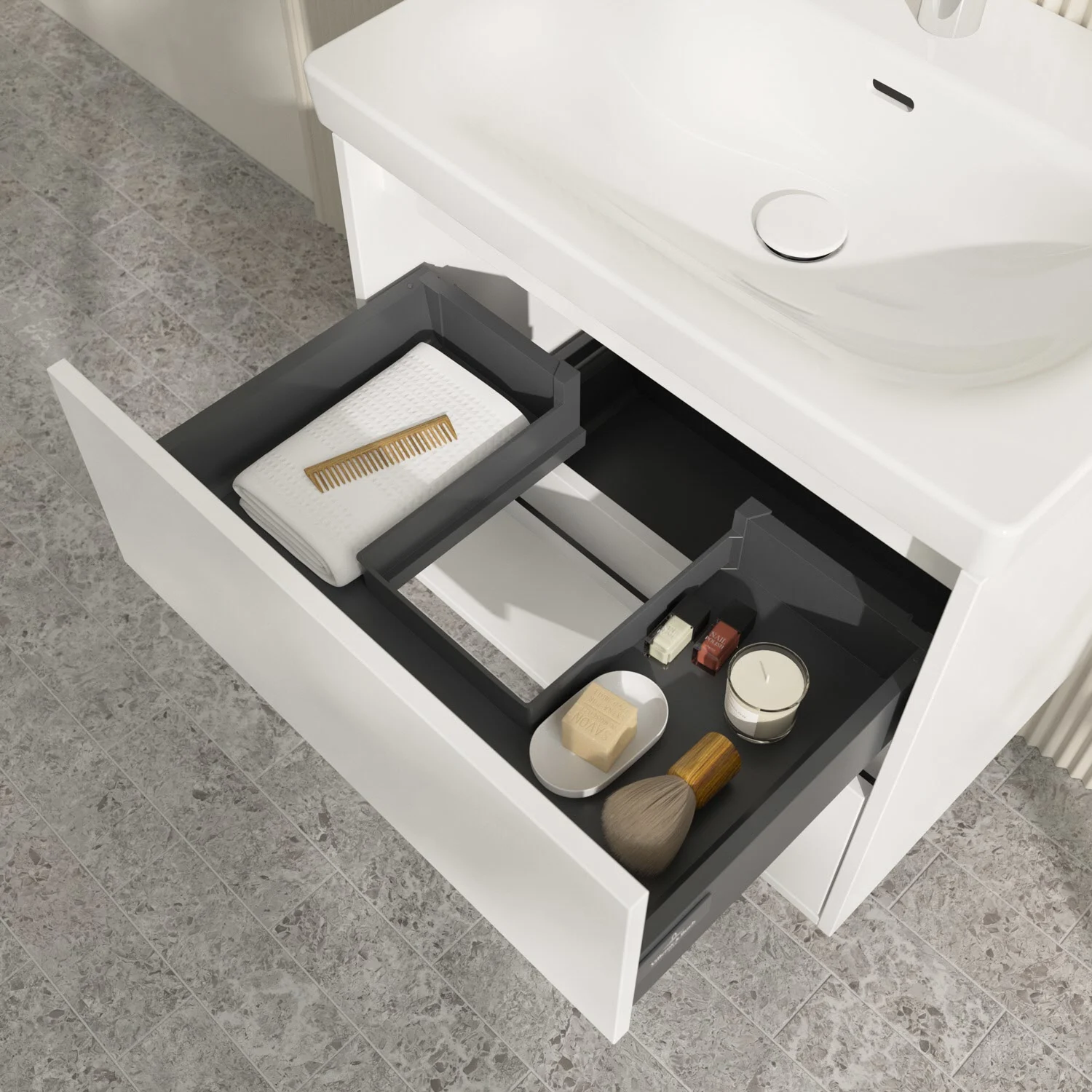 Zbliżenie otwartej szafki łazienkowej z szufladami, Villeroy & Boch
