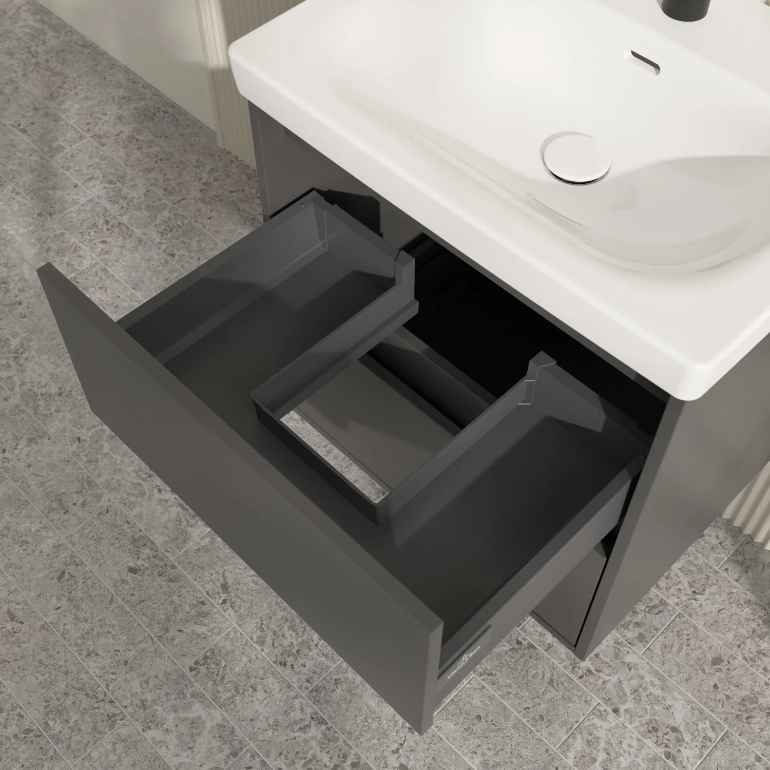 Szara szafka pod umywalkę z otwartą szufladą, Villeroy & Boch
