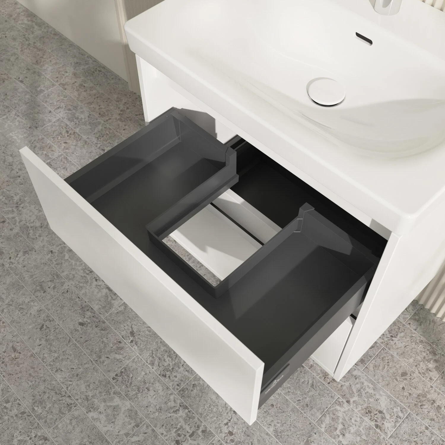 Białe meble łazienkowe z otwartą szufladą z góry, Villeroy & Boch