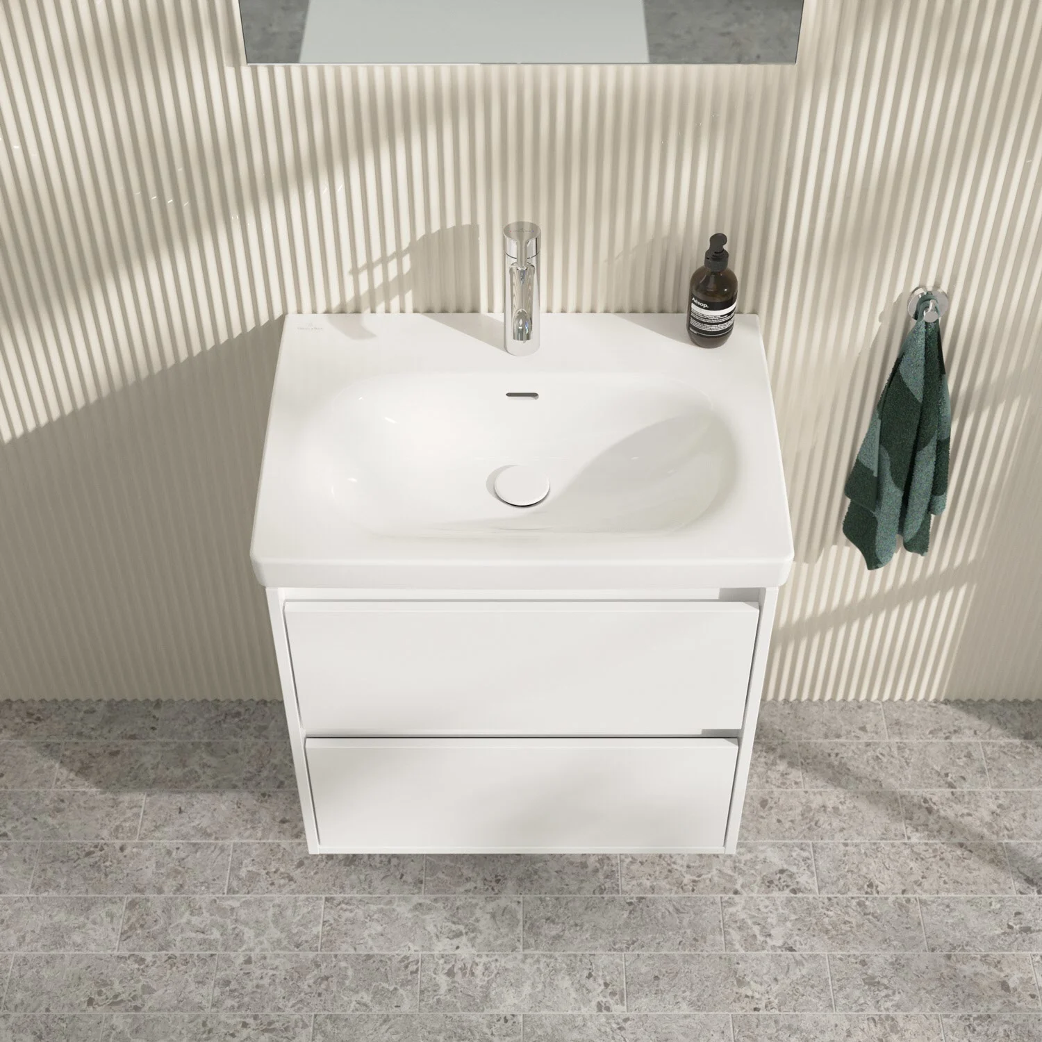 Umywalka z białą szafką z bliska, Villeroy & Boch